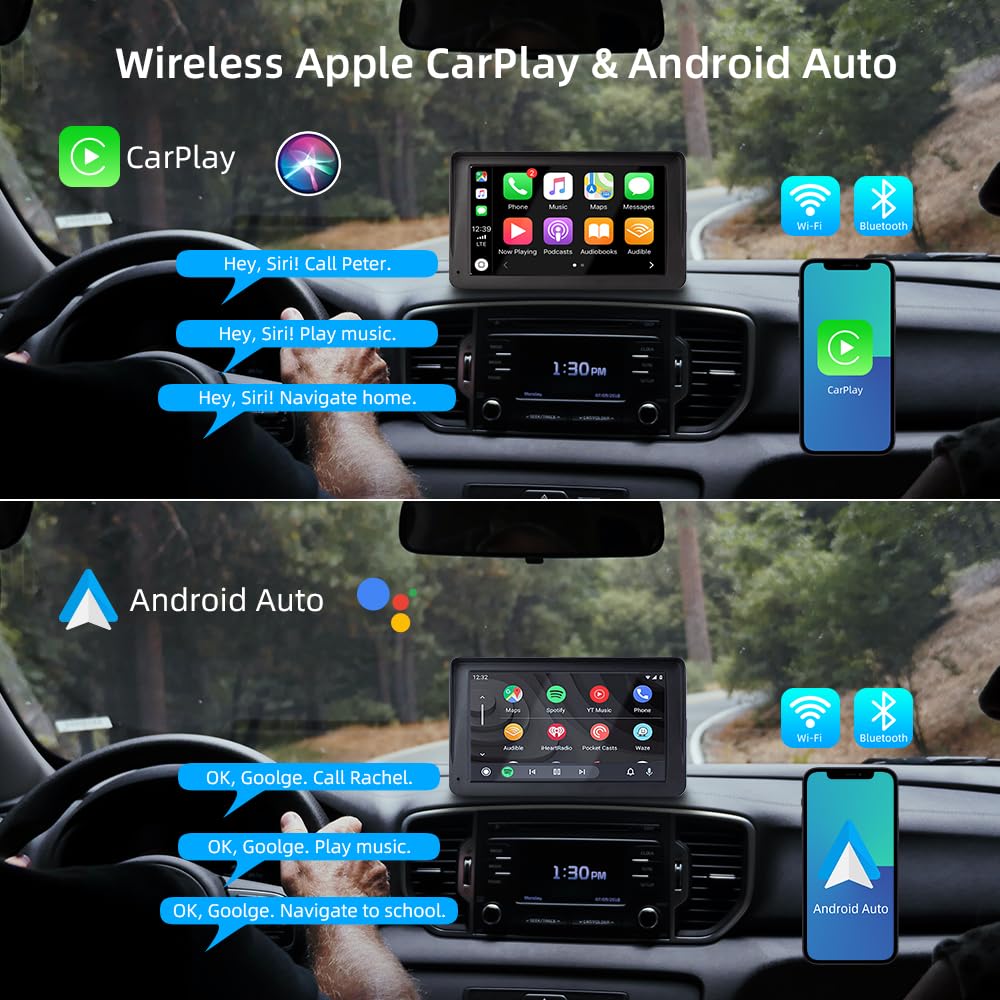 Bezprzewodowy CarPlay i Android Auto, 7-calowy Wyświetlacz Carplay z Kamerą Przednią 2K, Kamera Cofania 1080P, Bluetooth, Mirror Link, FM, AUX, Karta TF