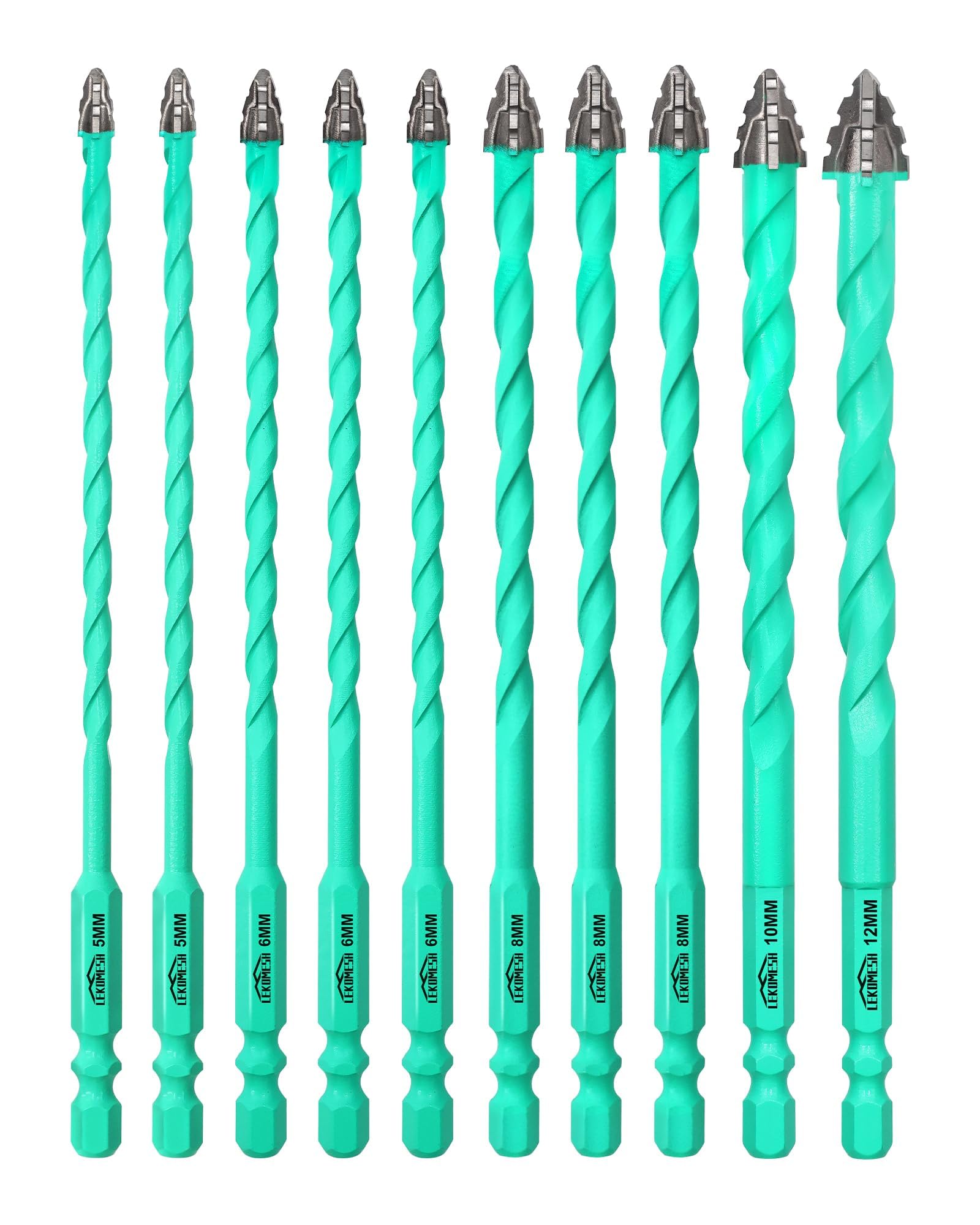 LEKOMESH Serrated Carbide Masonry Drill Bit Set - 10PCS Extra Long 152mm Drill Bits for Deep Hole & Hard-to-Reach Drilling, Quick Change Hex Shank for Tile, Brick, Concrete, Wood, Glass