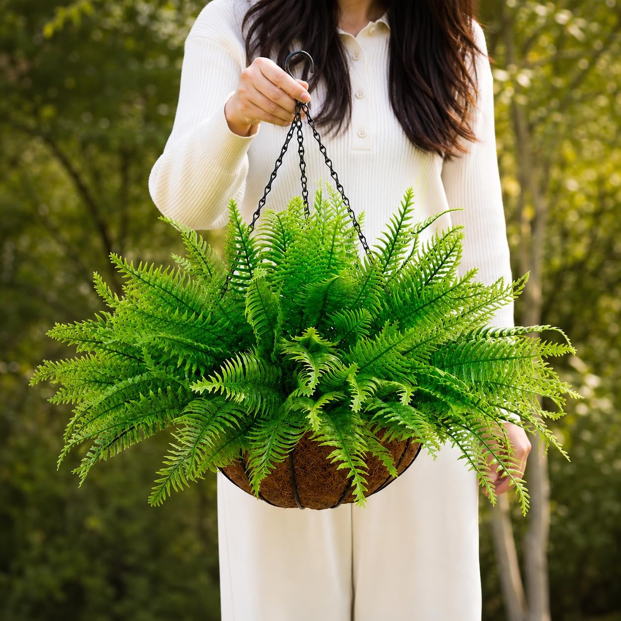 22" Fake Hanging Fern Plants Outdoor with Hanging Baskets