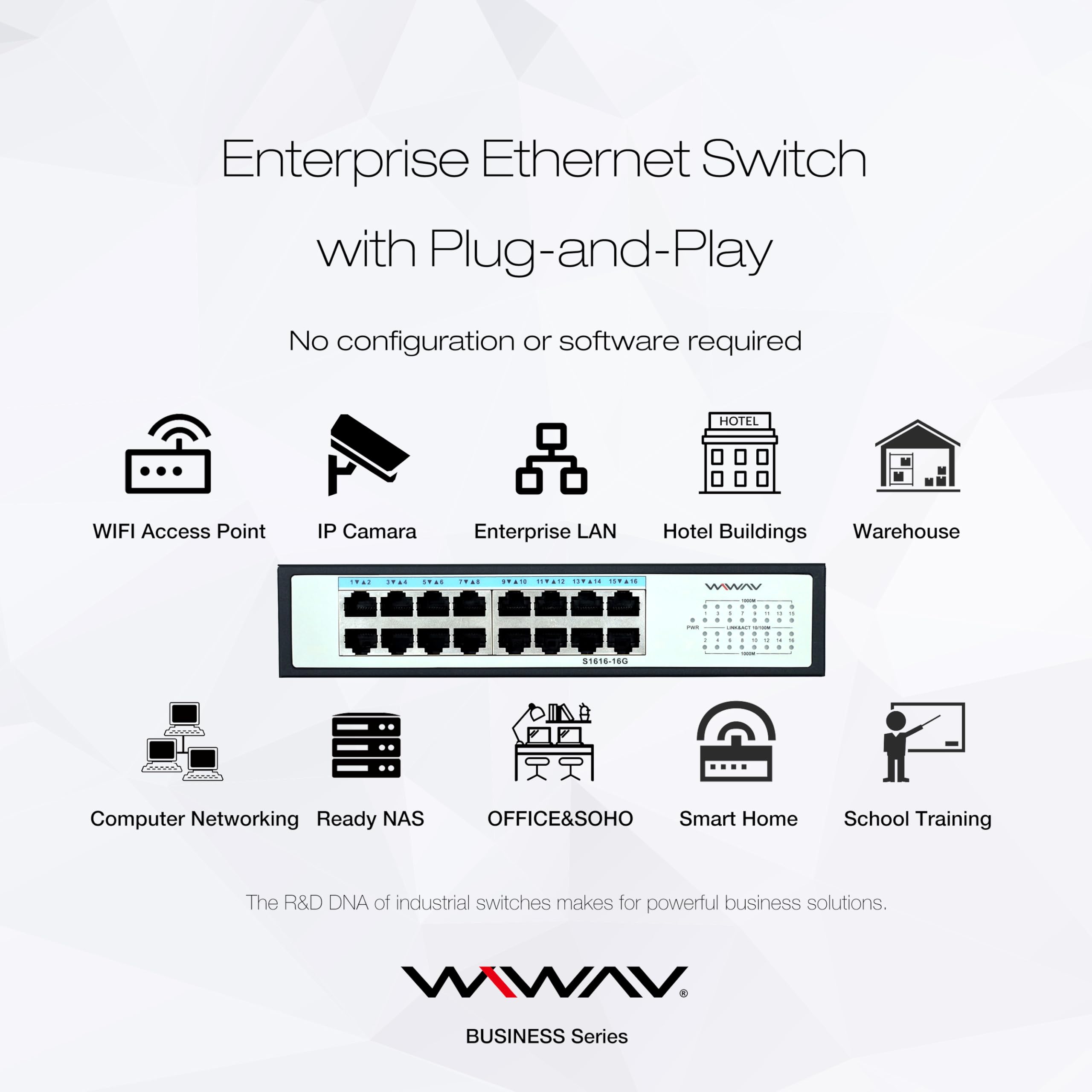 S1616-16G Switch Ethernet Gigabit non gestito a 16 porte – Hub LAN full duplex per azienda, ufficio, casa, NAS, AP, PC, videosorveglianza IP (metallo, Plug & Play, senza ventola)