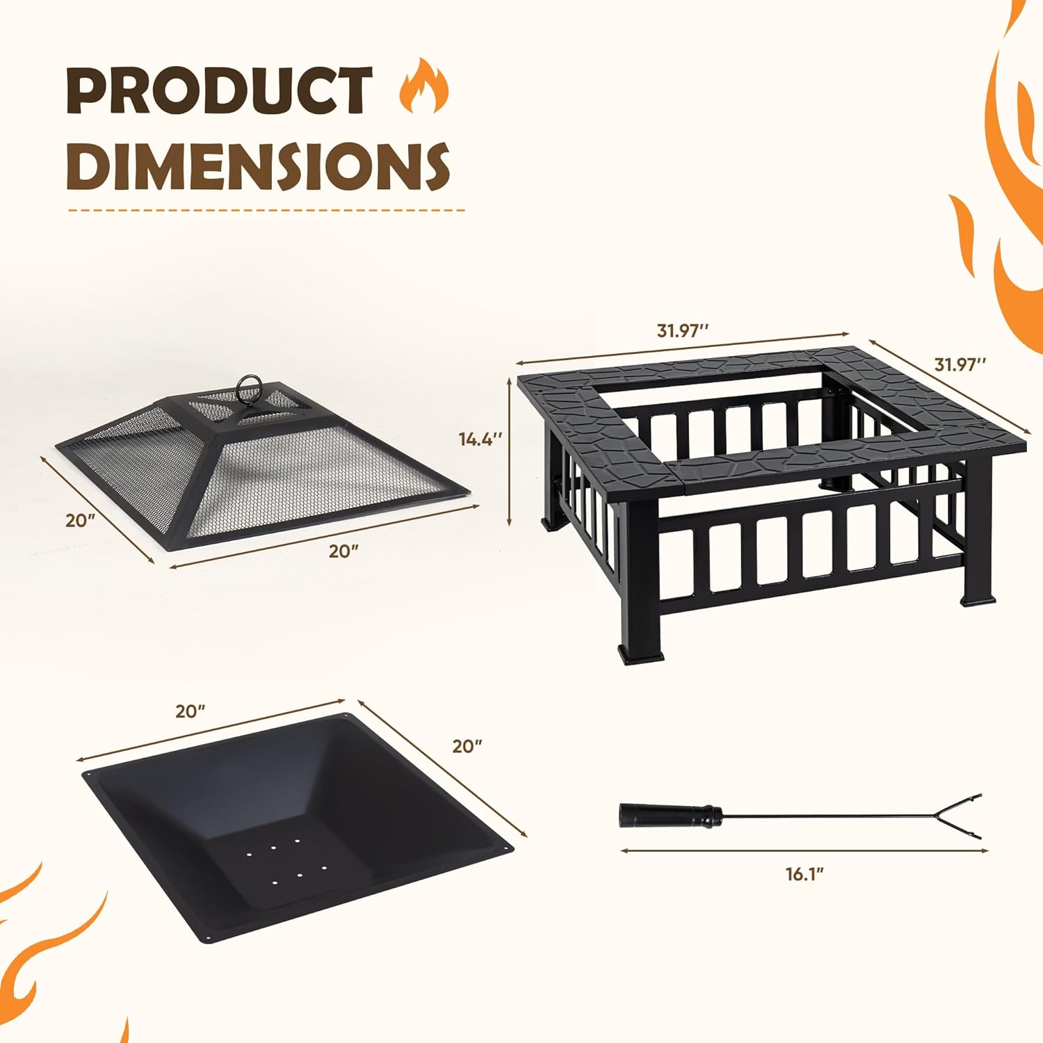 Rankok 32" Multifunctional Outdoor Fire Pit Table with Spark Screen, Fire Grate and Poker Metal Square Fireplace for Outdoor Heating, Backyard BBQ, Camping and Garden Bonfire Party
