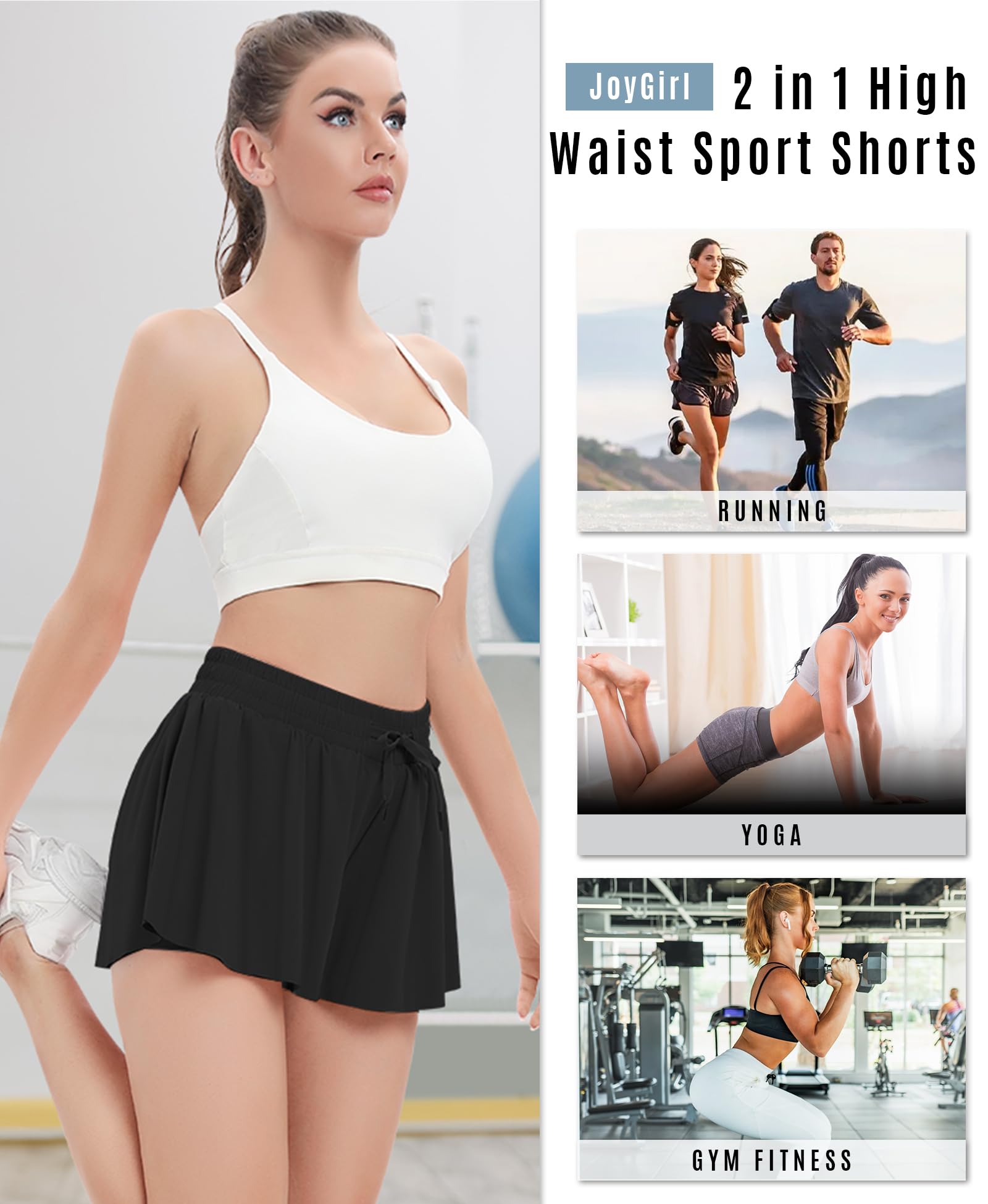 JoyGirl Short de Sport 2 en 1 pour Femme - Séchage Rapide - Short de Course - Gym - Yoga - Tennis - Jogging - Short d'été avec Poches