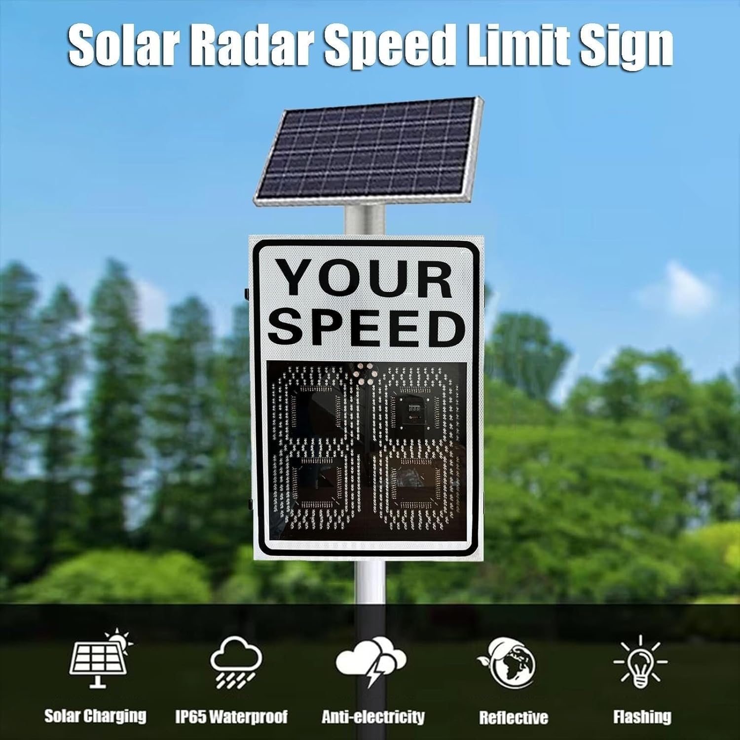 Solar Speed Limit Sign, Rust-Proof Aluminum LED Radar Speed Display for Road Speeding Warning, Weatherproof(Yellow,50 * 70cm)