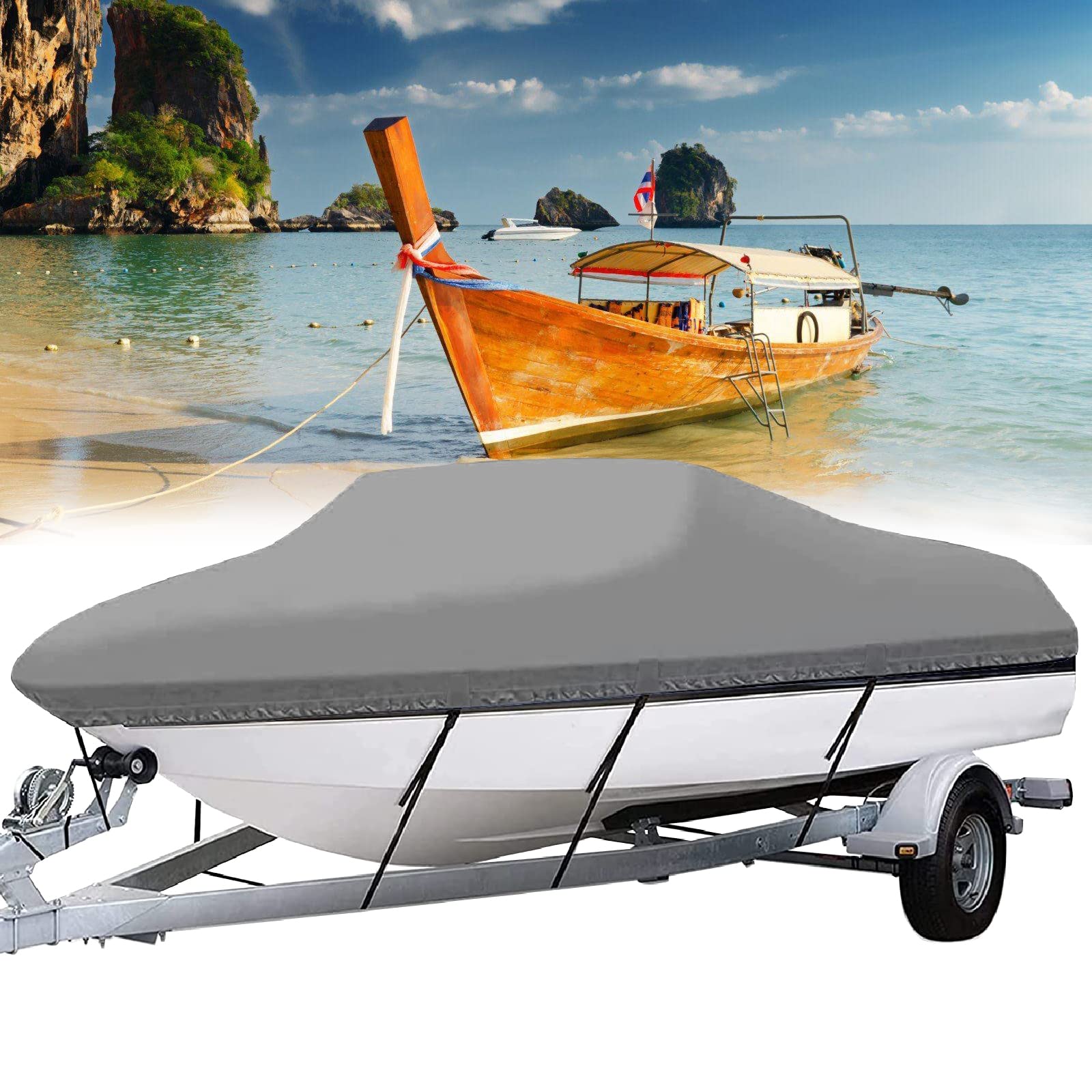 Telo Copri Barca all Season, 600D Tessuto Oxford Telo Copribarca Impermeabile Anti UV, Copertura della Barca Rimorchiabile per Esterni, Adatto per V-Hull, Tri-Hull,Grigio,600x230cm
