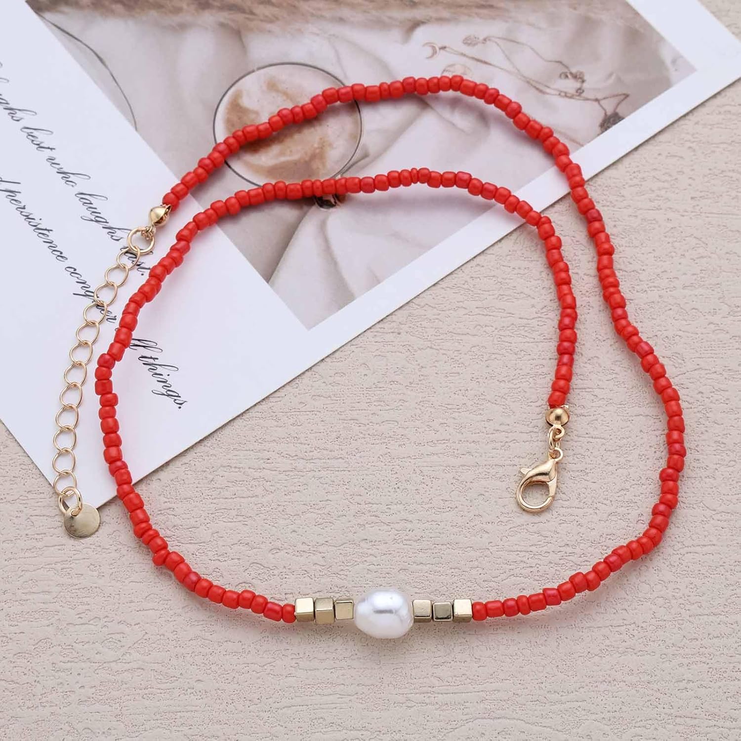 Boho Small Seed Bead Choker Necklace White Rice Beads Collar Necklace Single Pearl Clavicle Necklaces Short Beaded Chain Necklaces Jewelry for Women - Image 4
