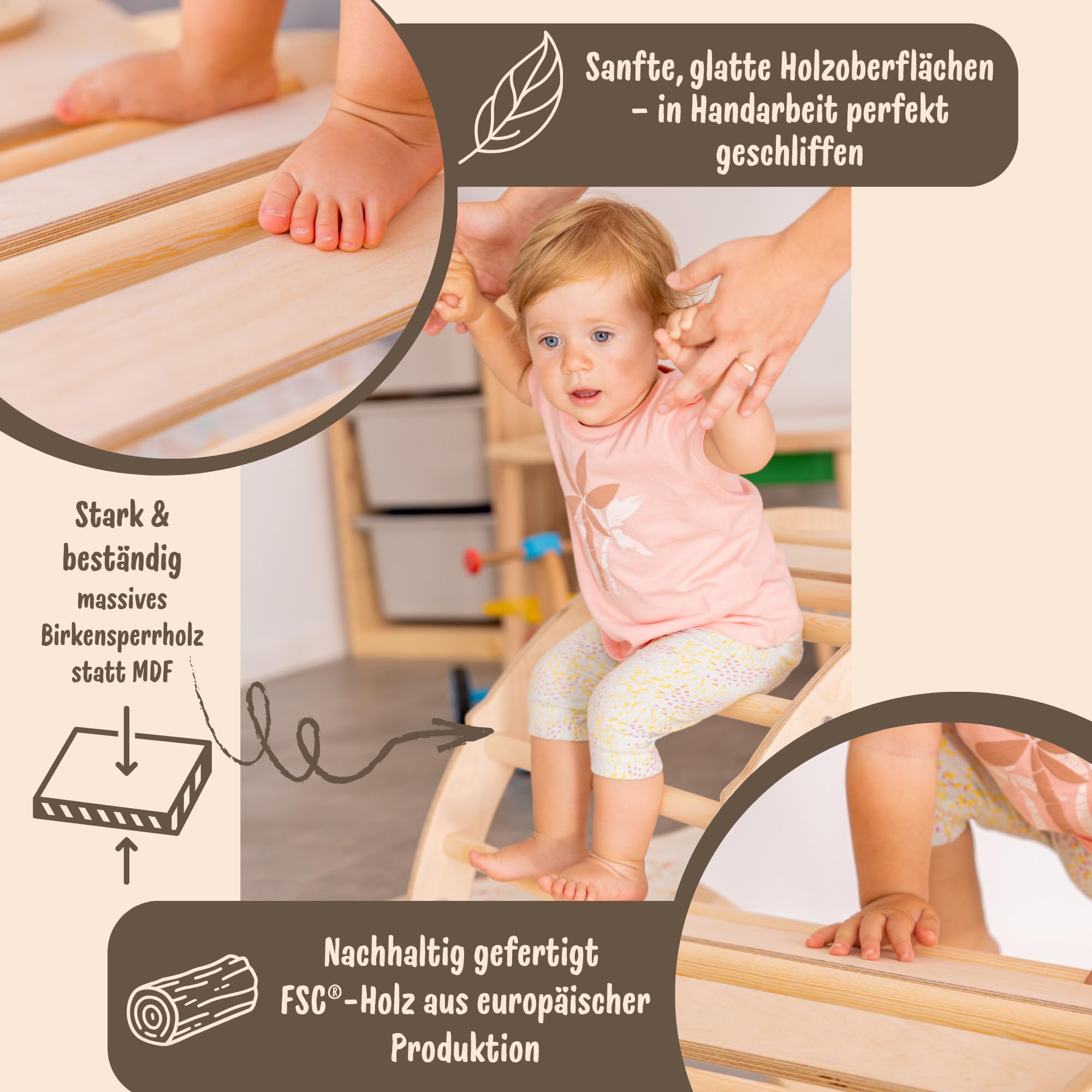WoodsCraft Montessori Kletterset 5in1 Kletterdreieck Kletterbogen mit Kissen Rutsche Rampe Holz Klettergerüst Indoor Spielgeräte