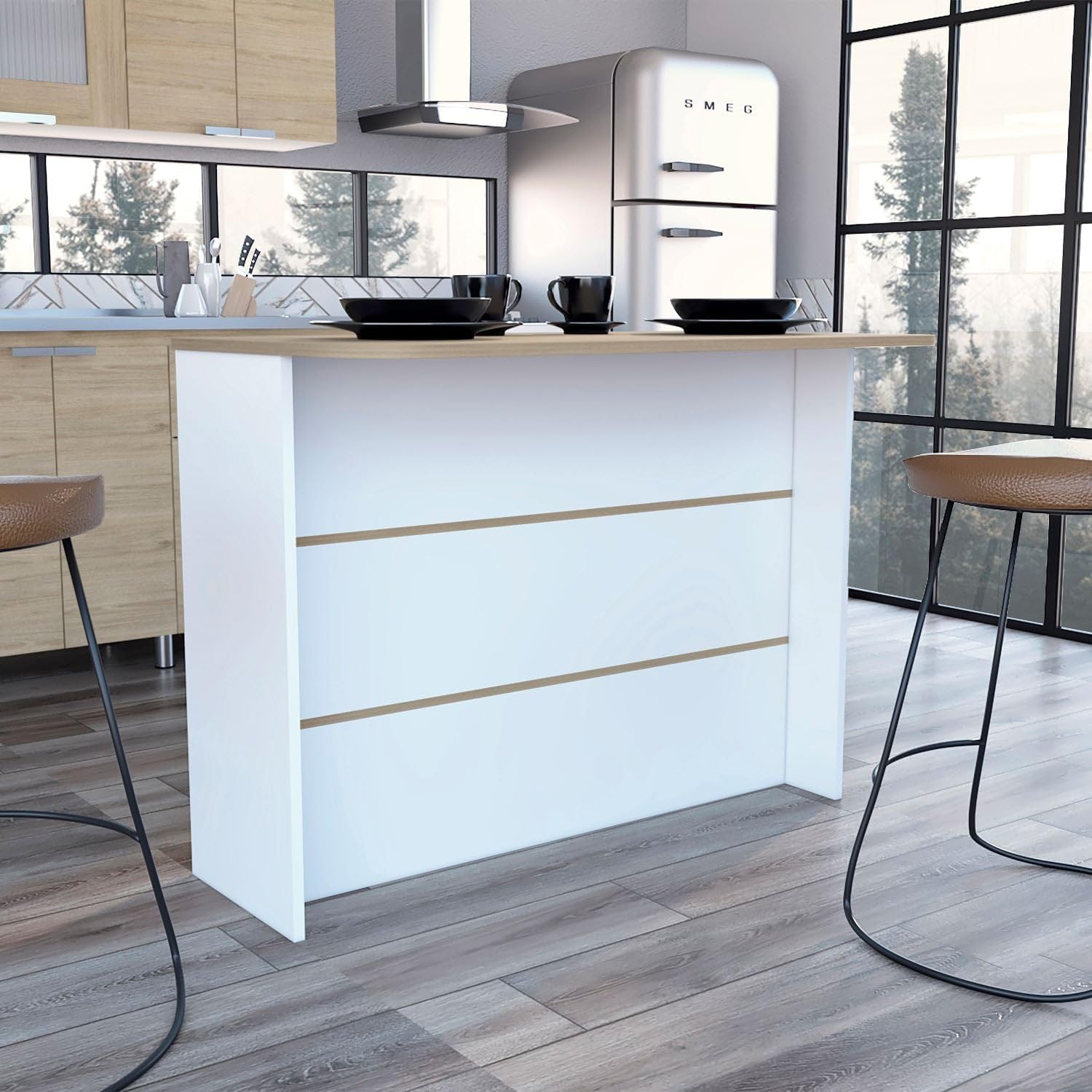 Tuhome Fendi Kitchen Bar, with Three Shelves, 90 cm W x 120 cm W x 60 cm D. White/Honey
