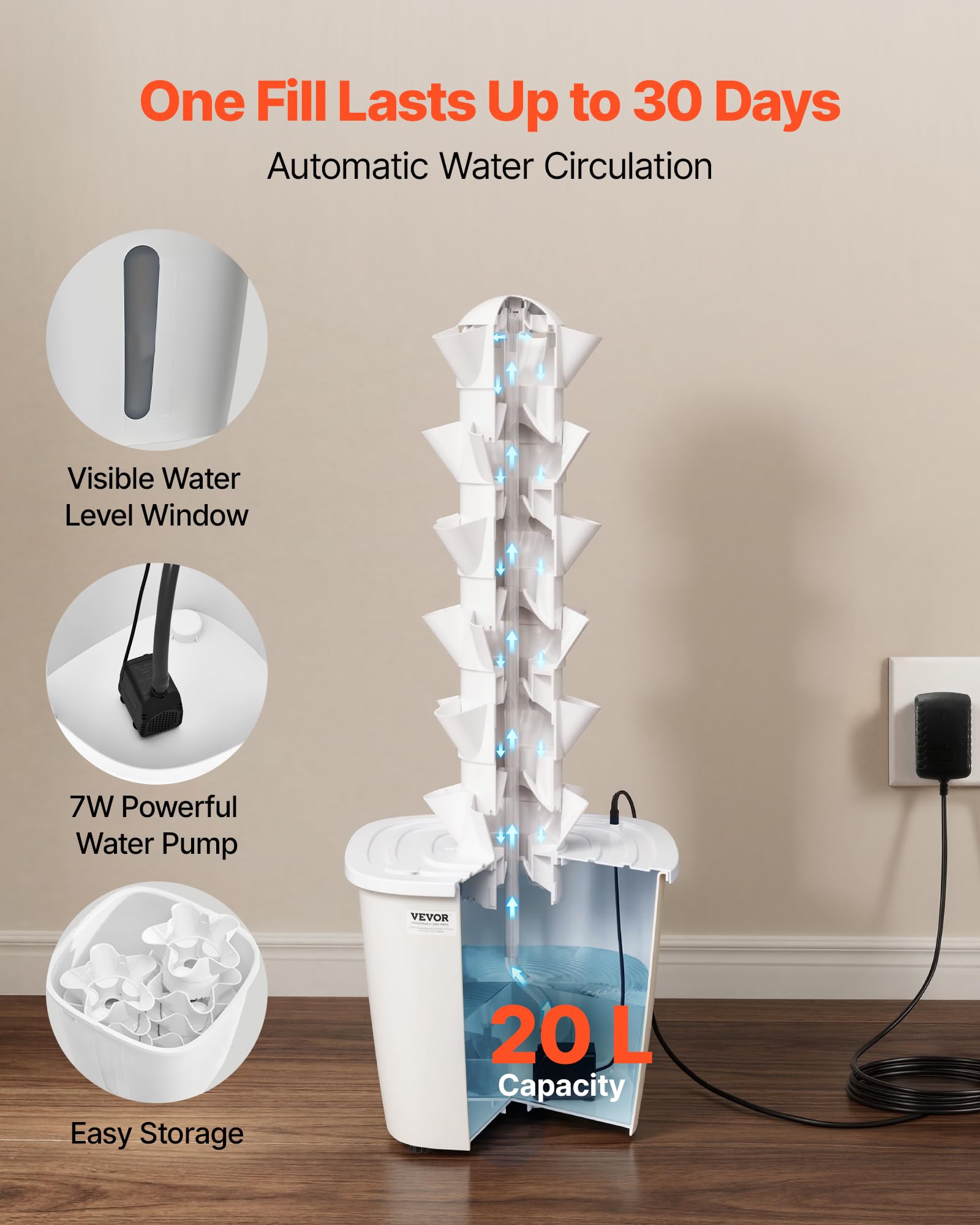 VEVOR Hydroponik-Turm, 30 Pods, Hydrotower 6 Ebenen, Hydroponik-Anbausystem-Set mit App-Steuerung, 20-L-Wassertank & Pumpe, Hydroponic Tower, Hydrokultur für Kräuter, Obst & Gemüse