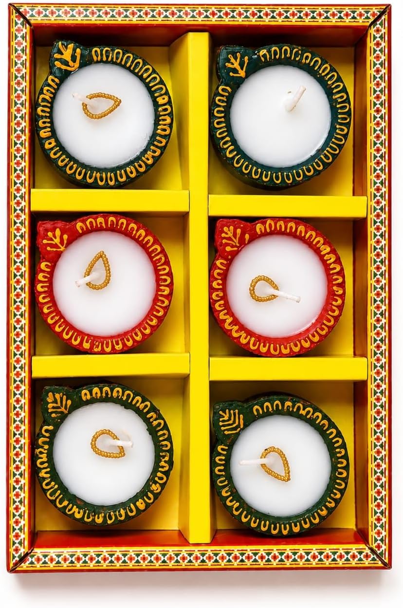 Decorative Diwali Diya Set, Hand-Painted Clay Diyas, Set of 6