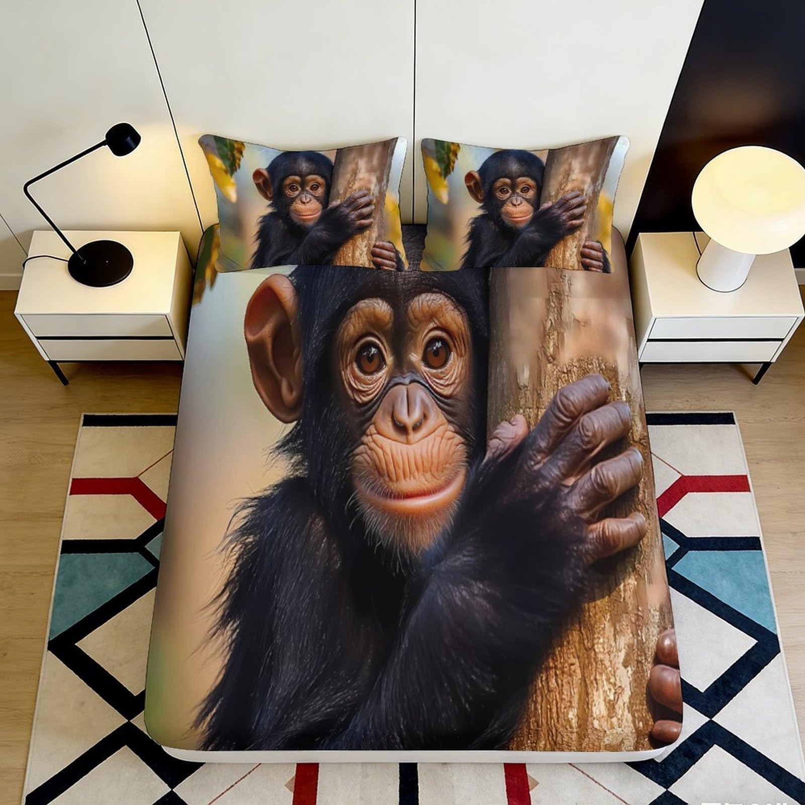 3D Printed Monkey Pattern Fitted Sheet Microfiber Soft Durable Cute Chimpanzee Bed Cover for Bedroom Dormitory Guest Room Mattress Protector 140x200x25cm