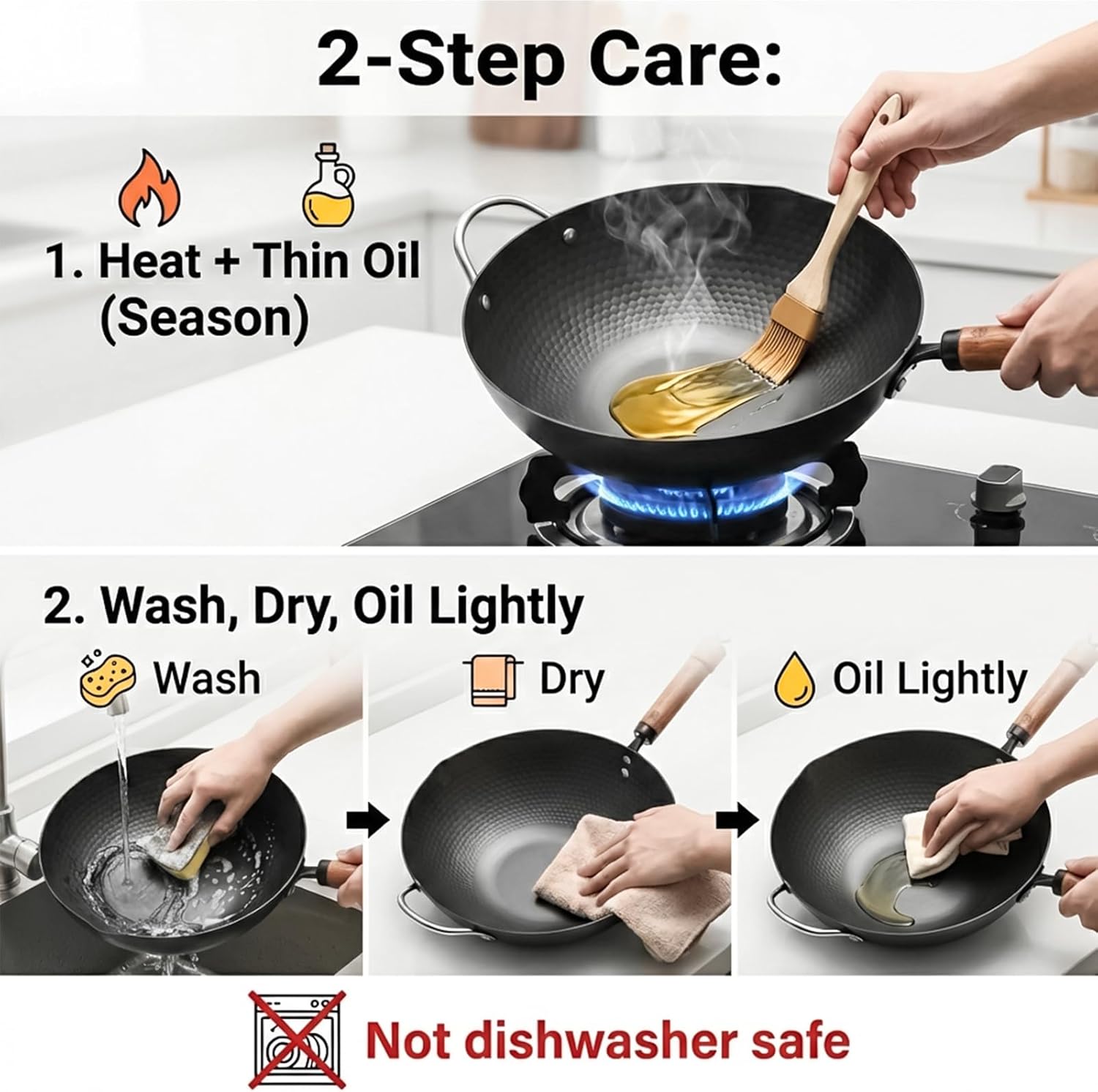 WANGYUANJI Carbon Steel Wok Pan, 12.6 Inch Flat Bottom Stir Fry Pan with Lid, Uncoated Heavy Duty Iron Wok for Induction and Gas Stoves