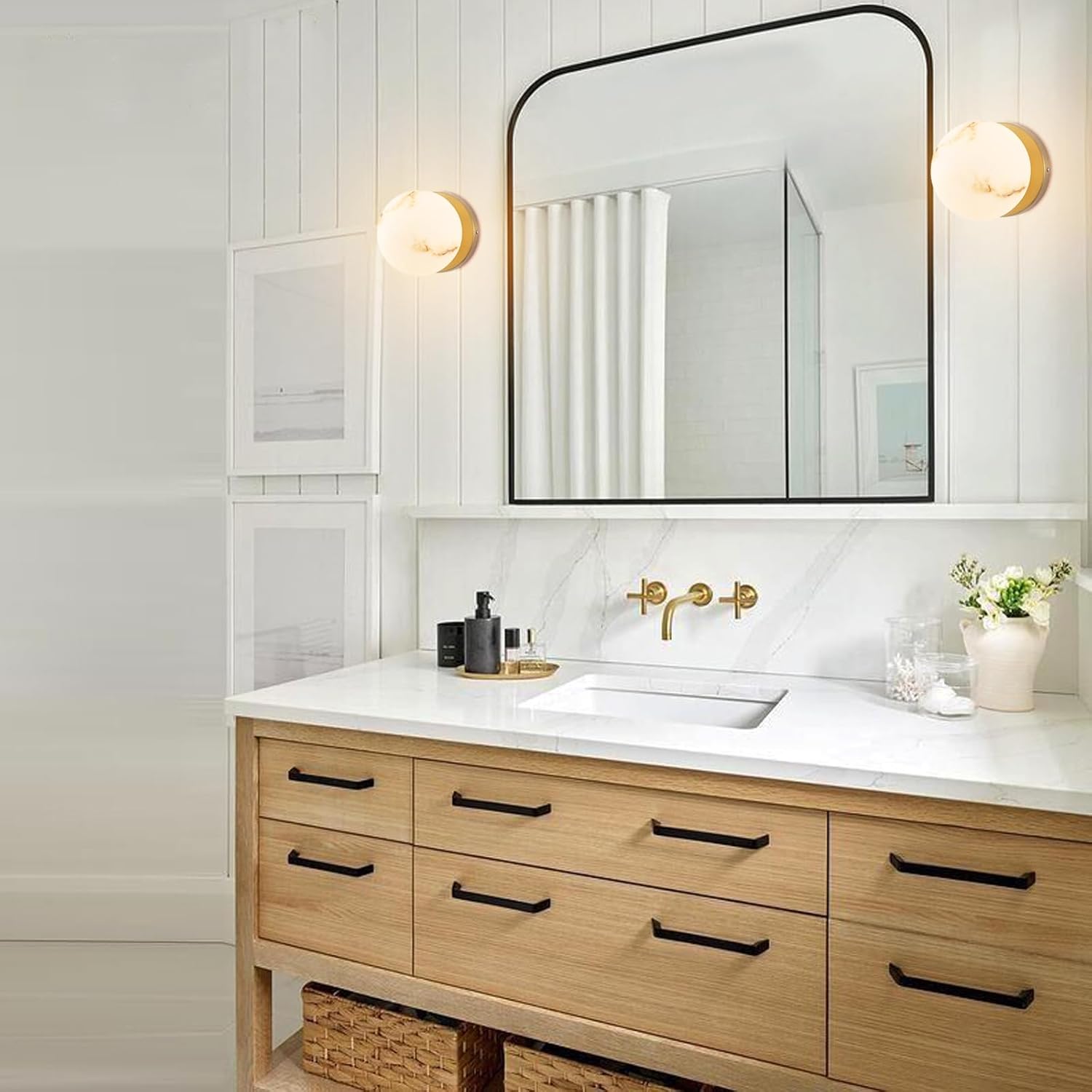 Modern Gold Globe Wall Sconce with Imitation Marble Shades Unique Textures Marble Bathroom Vanity Lighting Premium Resin Wall Light for Bedroom Living Room Staircases Hallway