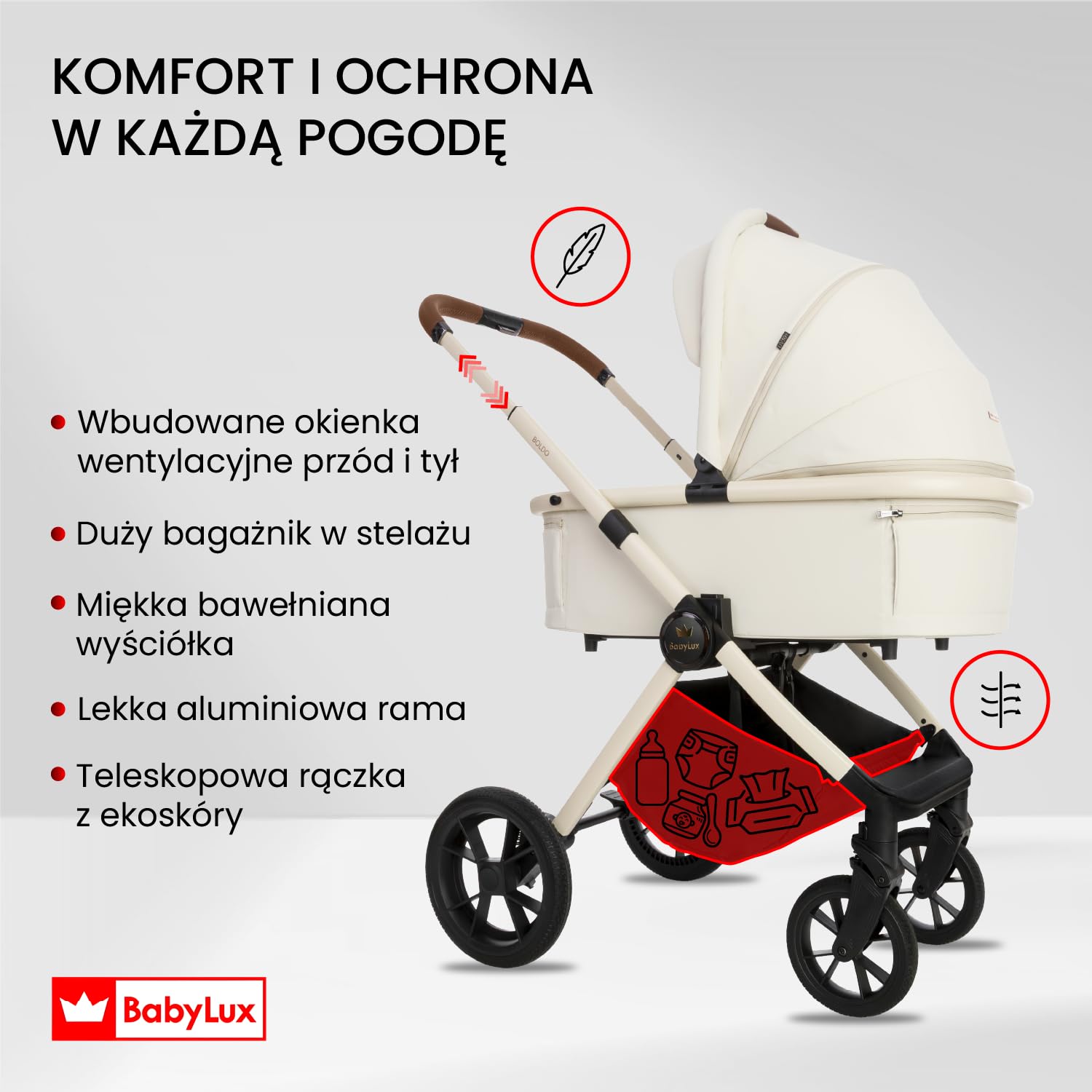 BabyLux Wielofunkcyjny Wózek Dziecięcy 3w1 BOLDO Lekki i Kompaktowy | Gondola, Spacerówka, Fotelik Samochodowy, Składana Aluminiowa Konstrukcja Stelaża, Regulowane oparcie, Akcesoria