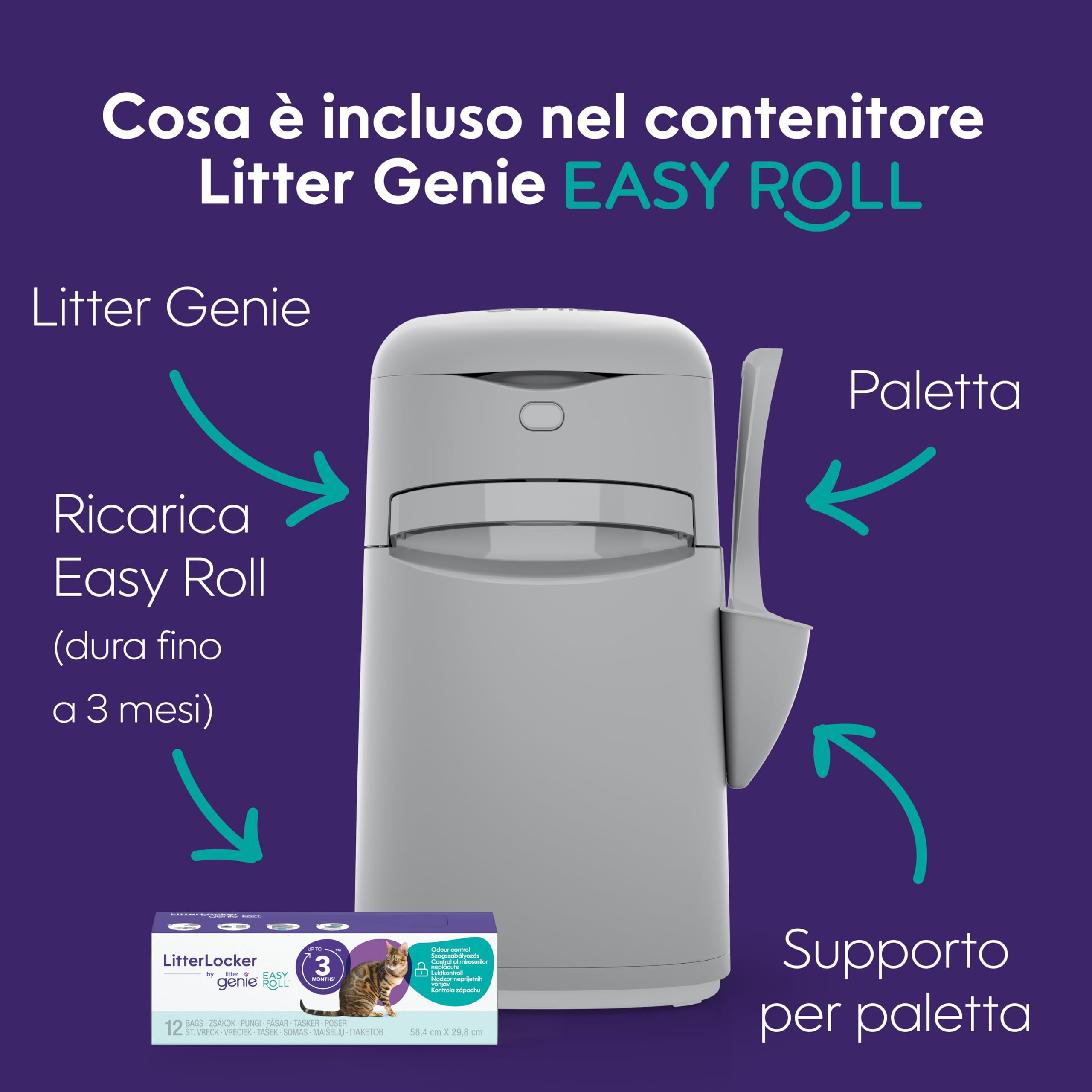 Litter Genie Easy Roll Secchio, sistema di smaltimento della lettiera per gatti, controllo degli odori definitivo, pulizia senza sforzo, include 1 ricarica con 12 sacchetti (3 mesi)
