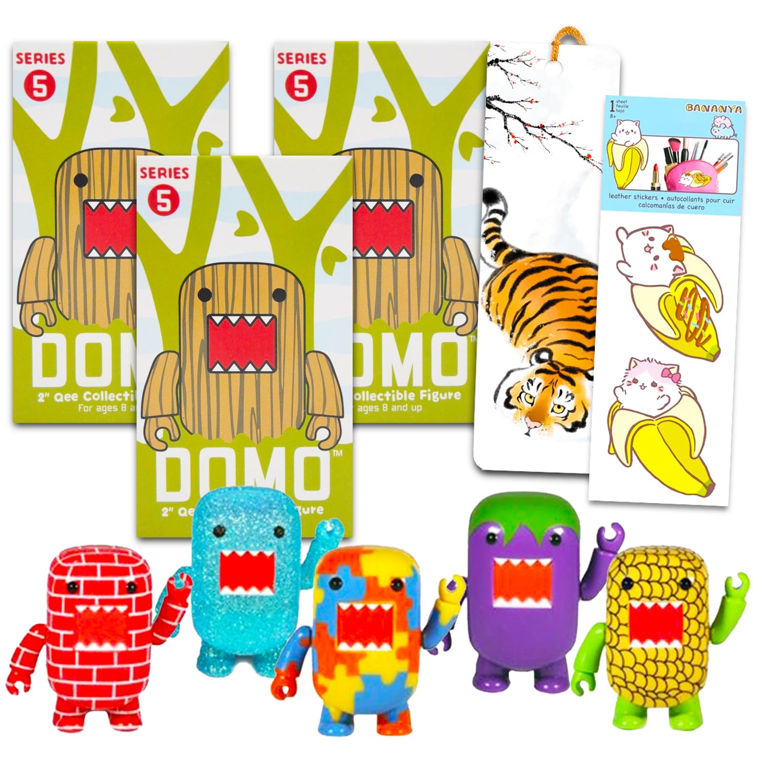 DomoBlind Box Party Supplies Set - Bundle with 3 Domo Mystery Figures Plus Stickers, Bookmark | Domo Party Favor Surprise Figurines for Kids