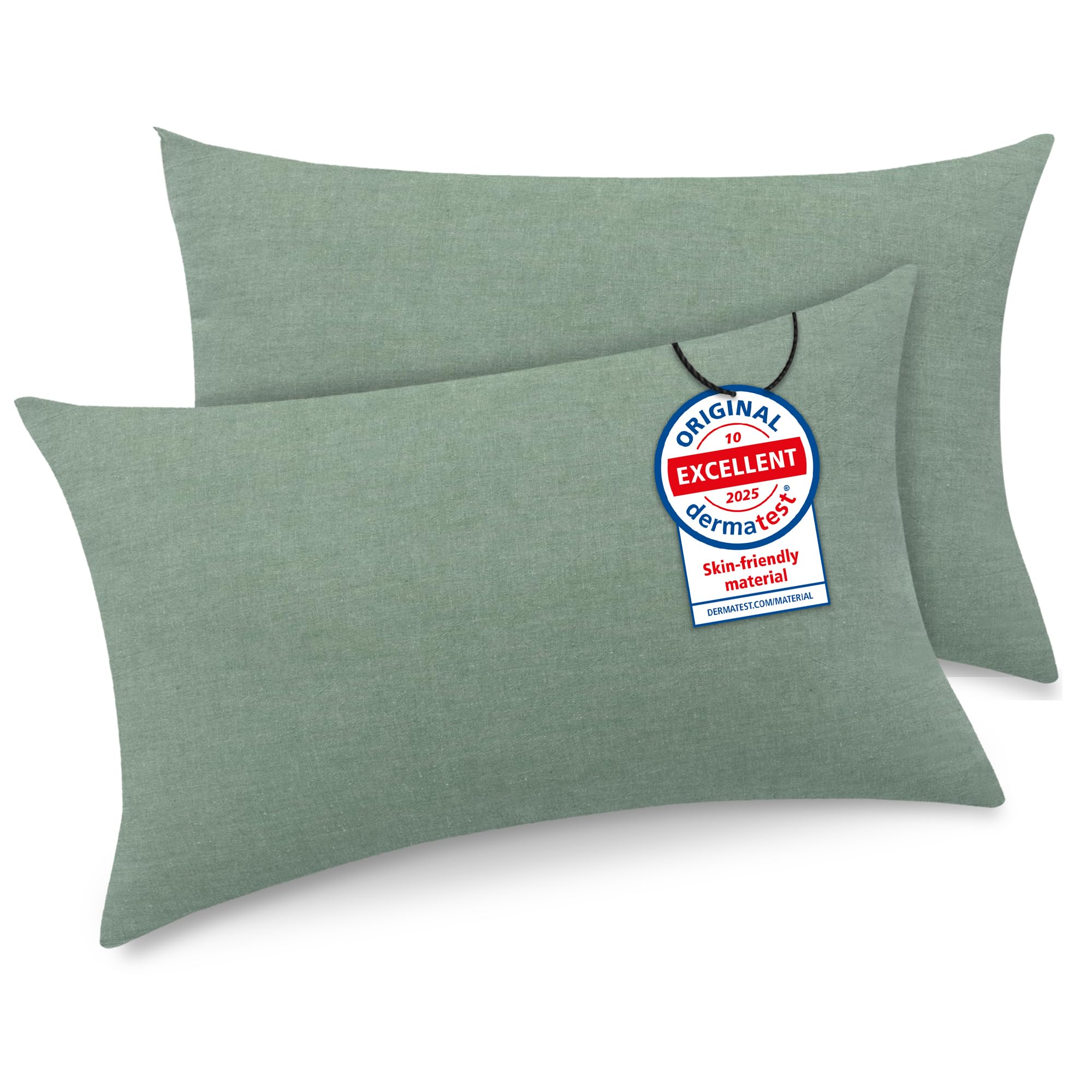 ATsense 2er Set Kissenbezug 40x80 cm - 100% Gewaschene Baumwolle, Einfarbig Grün Kopfkissenbezug mit Reißverschluss, Oeko-TEX Zertifiziert Weich, Nicht Lleicht Verformbar