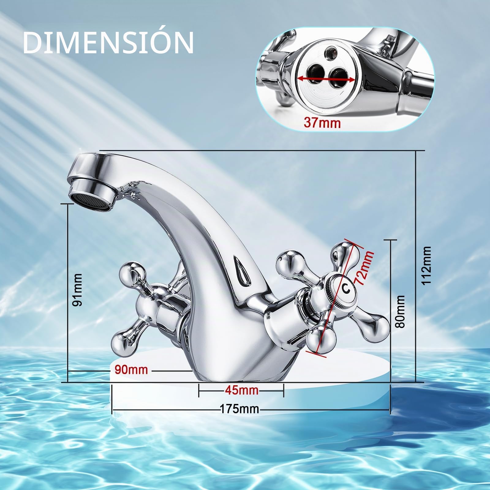 Peppermint Grifo monomando para lavabo, grifo de lavabo cromado con cruceta monofónica tradicional victoriana de doble asa, grifo mezclador con Hoese estándar