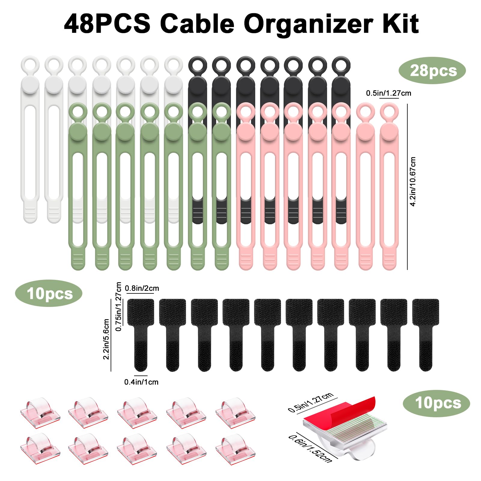 Kit organizador de cables de 48 piezas, bridas elásticas reutilizables de silicona, clips adhesivos fuertes para la gestión de cables, kit de gestión de cables multiusos para agrupar y sujetar varios