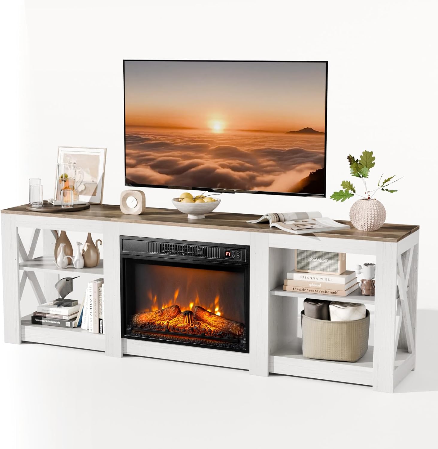 VINGLI Fireplace TV Stand for up to 80 inch TVs, 70'' Farmhouse Entertainment Center with Electric Fireplace Heater & Adjustable Shelves for Living Room, Distressed White & Barnwood