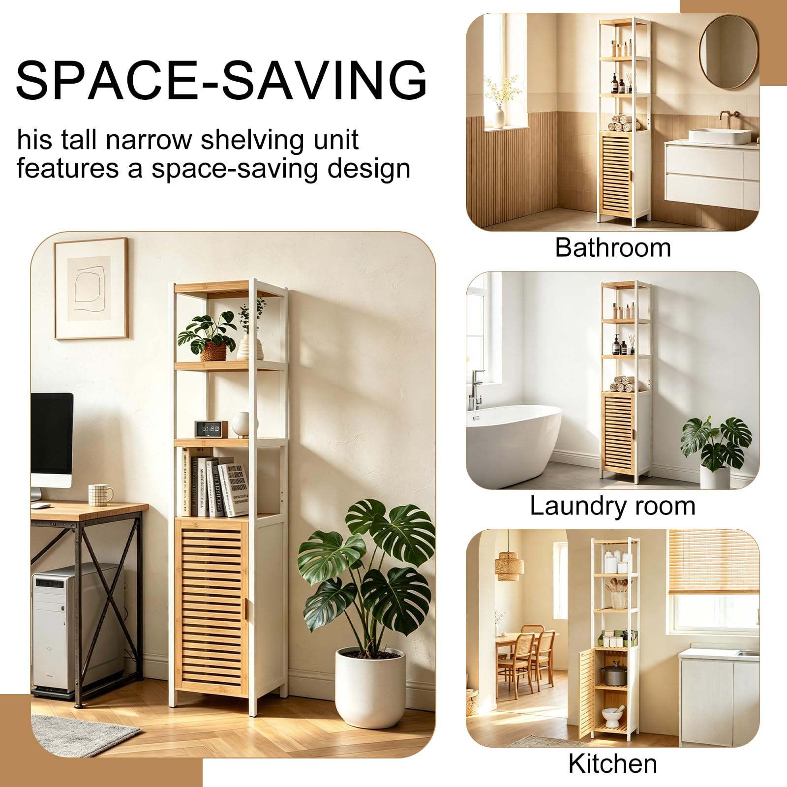 Badezimmerschrank Schmal, Badregal Bambus mit 3 Offene Fächern und Schrank, Hochschrank Bad 33x33x165cm, Toilettenschrank für Badezimmer, Wohnzimmer, Küche