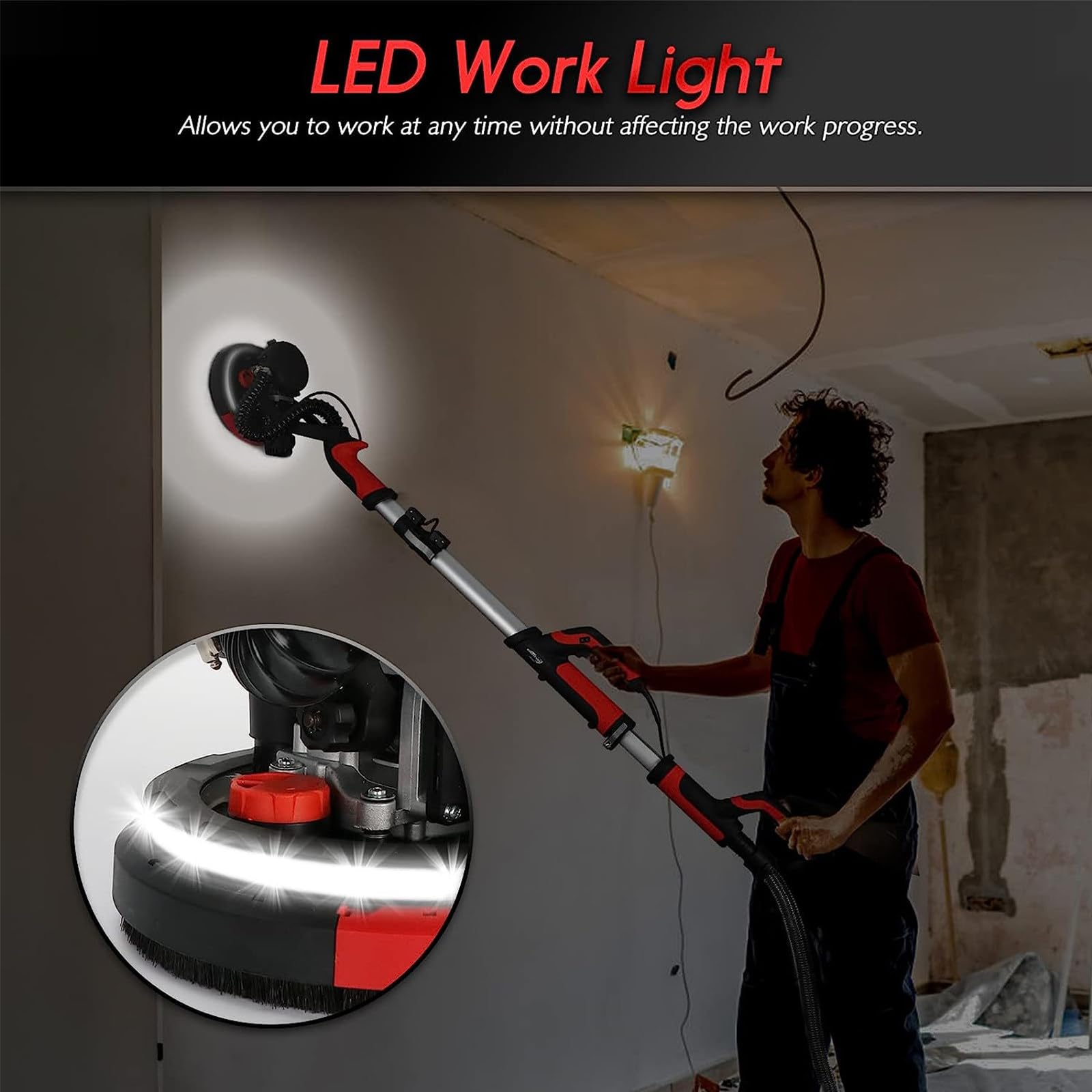 Lijadora eléctrica de los paneles de yeso de 1390W, lijadora de poste de 6 velocidades para techo con luz led, colección de mango y polvo extensible, velocidades ajustables para el acabado de pared li
