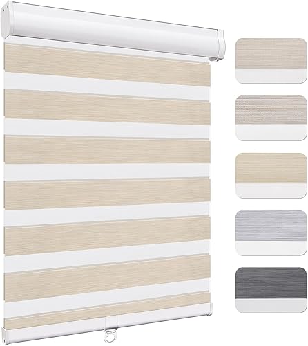 Keego Zebra - Persianas enrollables sin cordones, de tamaño personalizado, de doble capa, control de luz, fácil de instalar para ventanas (crema, 18