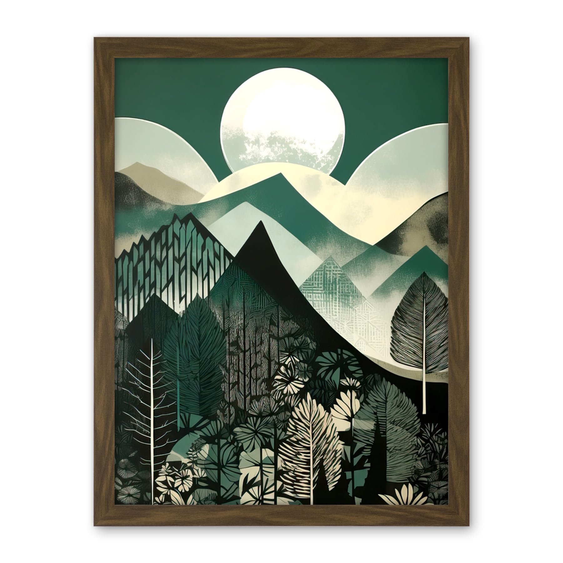 Artery8 Full Moon Over Mountain Forest Linocut Mid Century Sage Green Moonlit Landscape Artwork Framed Wall Art Print 18X24 Inch