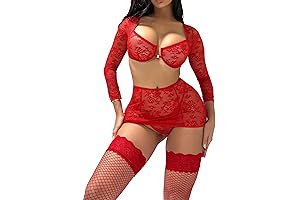 Women's 4 Piece Lace Underwire Lingerie Set Long Sleeve Babydoll Bra and Panty