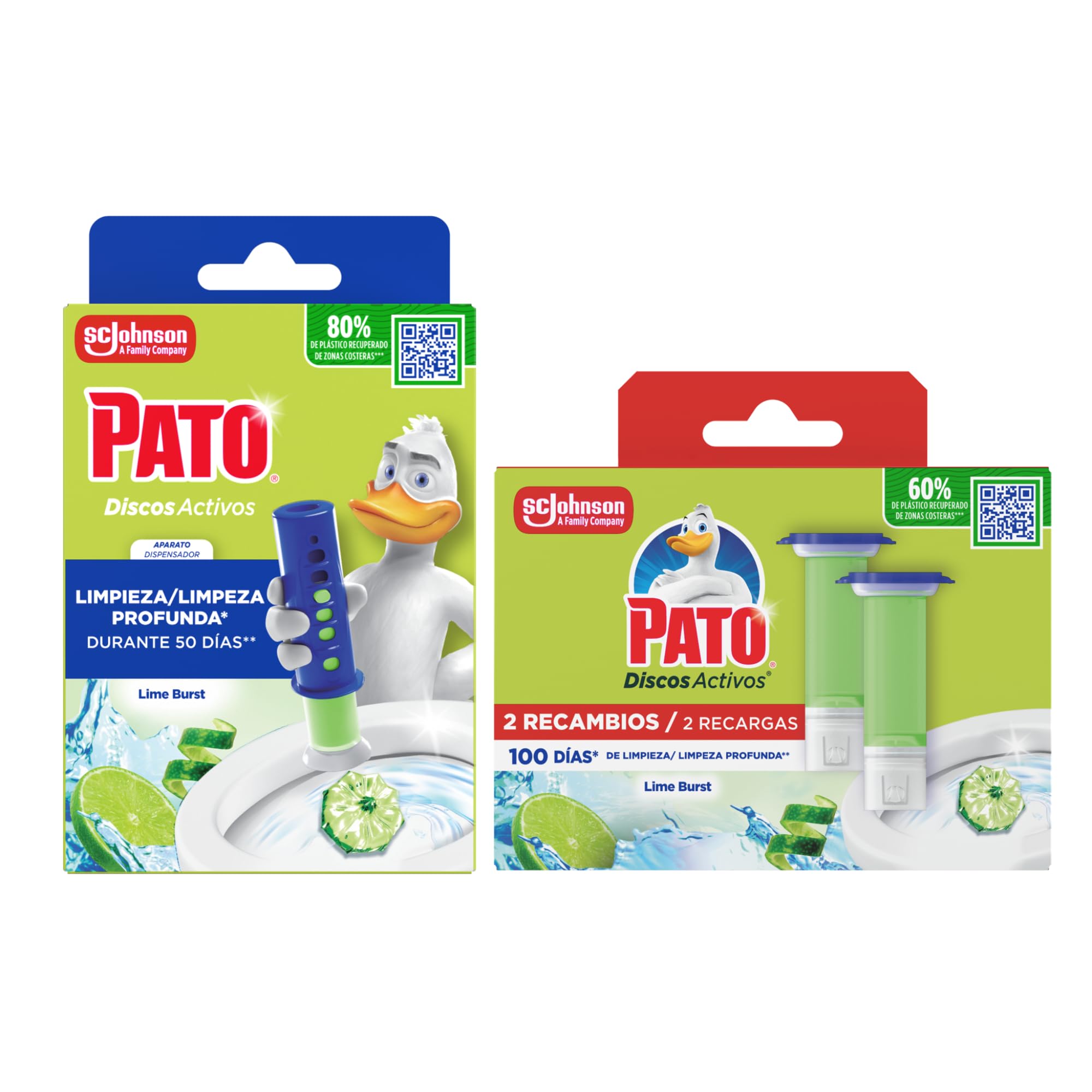 Pato Discos Activos WC Lima, Limpia, Refresca y Perfuma el Inodoro, Eficacia 360°, Pack 1 Aparato + 3 Recambios = 18 discos