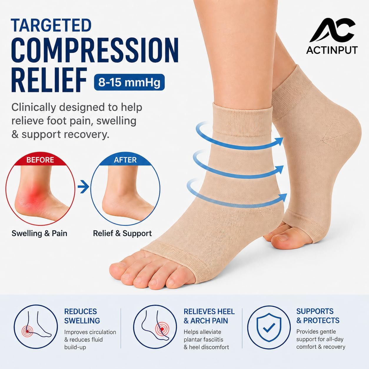 ACTINPUT 2 Pack Ankle Brace Compression Sleeve 8-15 mmHg Open Toe Сompression Socks Women&Men for Swelling,Plantar Fasciitis,Sprain Beige S/M