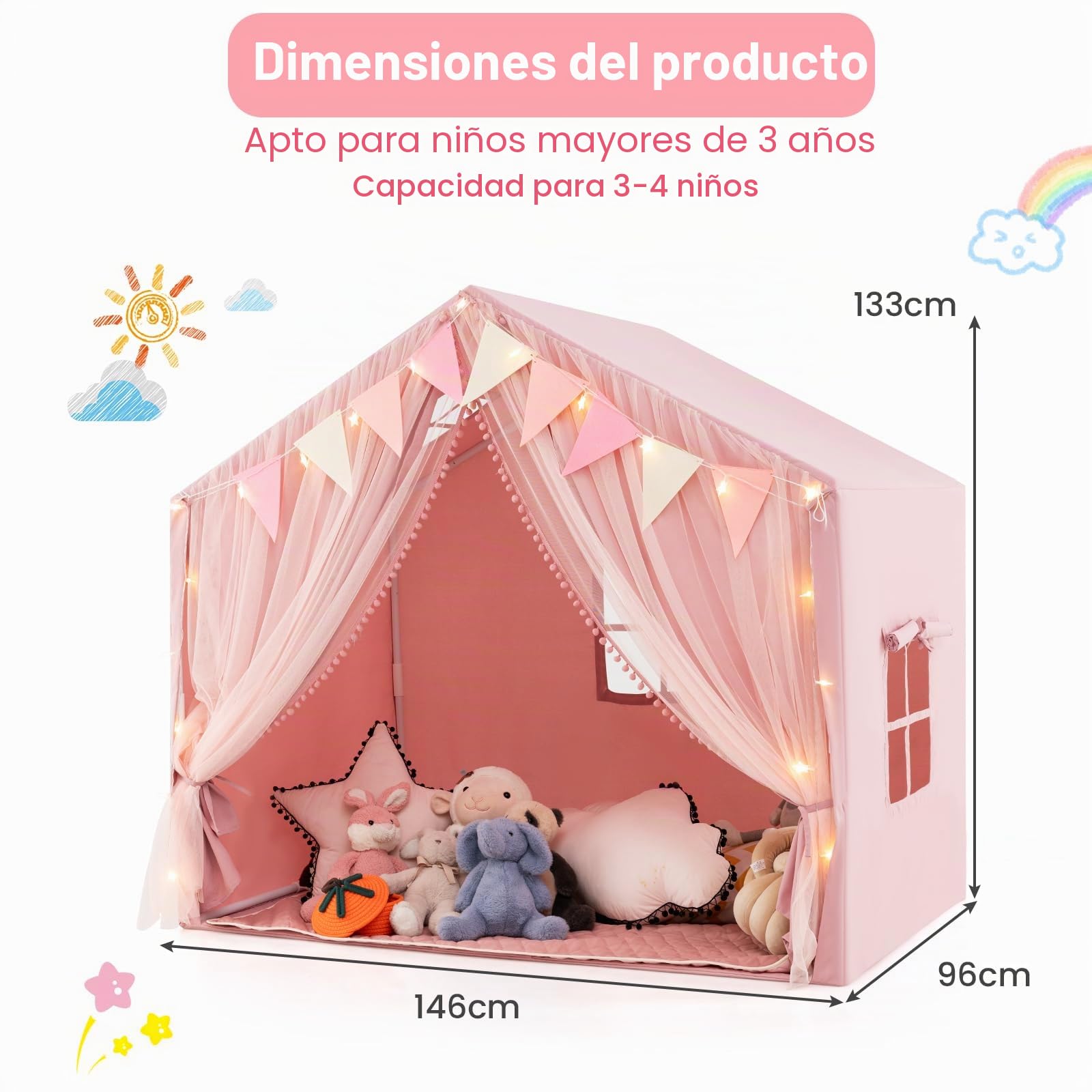 HOMASIS Tienda de Campaña Infantil con Colchoneta de Algodón, Casitas Infantil Tela de Interior con Luces, Cortina y Banderas, Cabañas para Niños a Partir de 3 Años, 146x96x133cm (Rosa)
