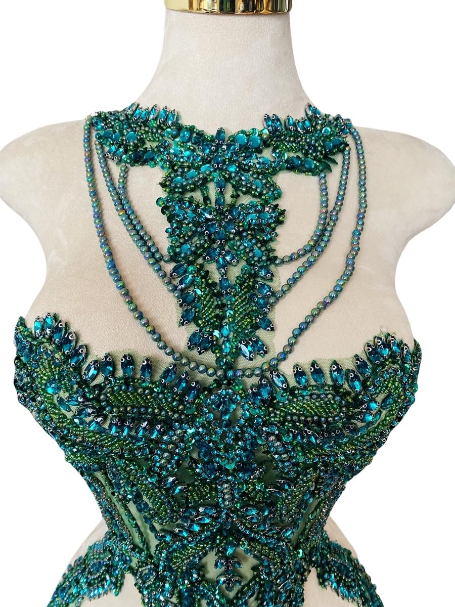 Handmade Crystal on lace Applique Sewing Rhinestones Fringe Beads Sequins Patches Trim Luxury Decoration Accessories for Wedding Dress 15X23.6inches (Deepgreen)