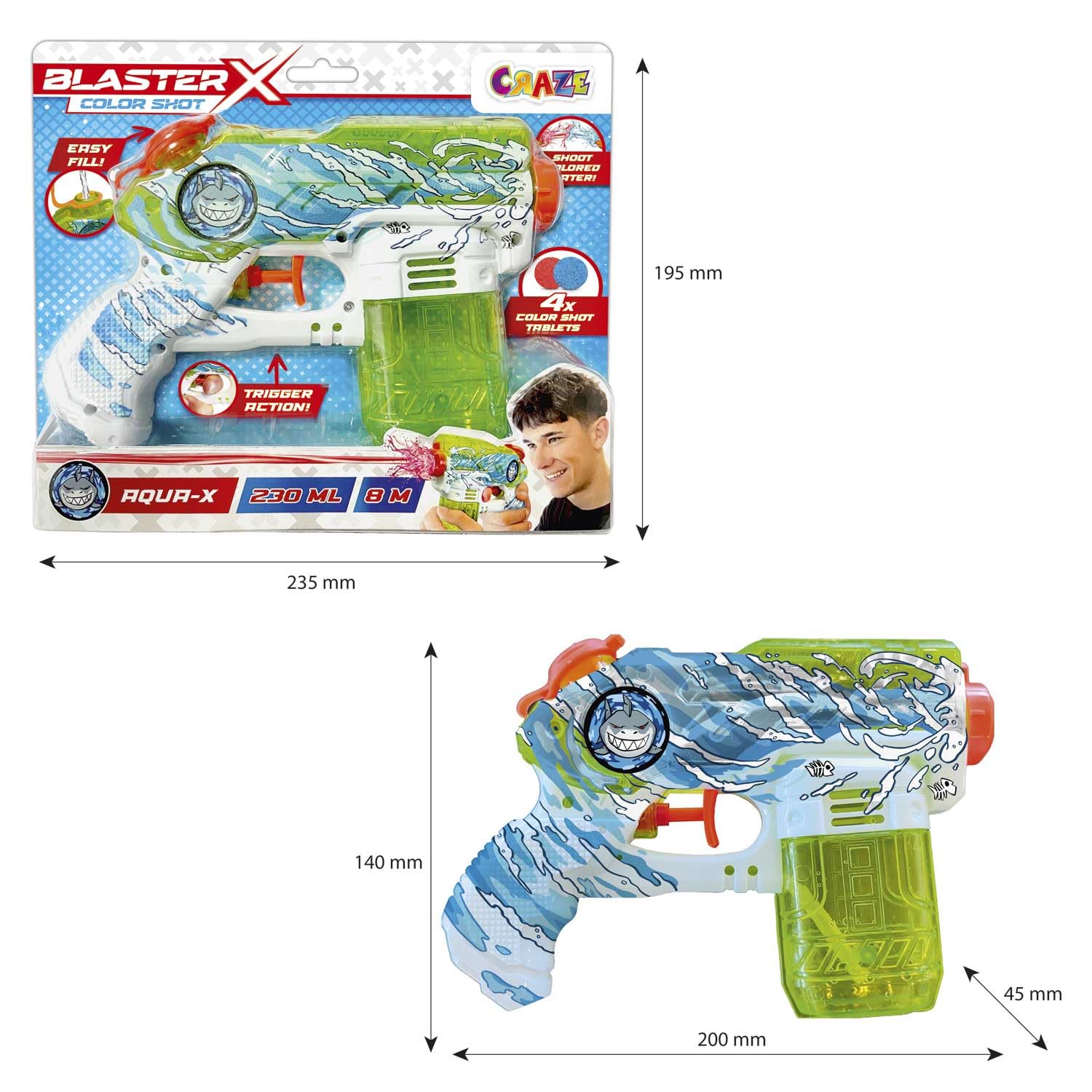 CRAZE Blaster-X Water Guns Small - pistolet na wodę dla dzieci 20 cm, pistolet natryskowy na wodę z kolorowymi tabletkami, zasięg strzału 10 m, zabawka do walki wodnej