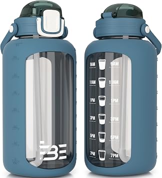 Be-Active Glass Water Bottle 2.2 Litre with Times to Drink - Borosilicate Glass   Motivational bottles - BPA Free Blue