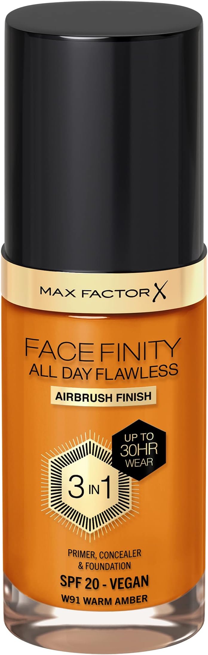 Facefinity 3-in-1 All Day Flawless Liquid Foundation, SPF 20 - 91 Warm Amber, 30 ml