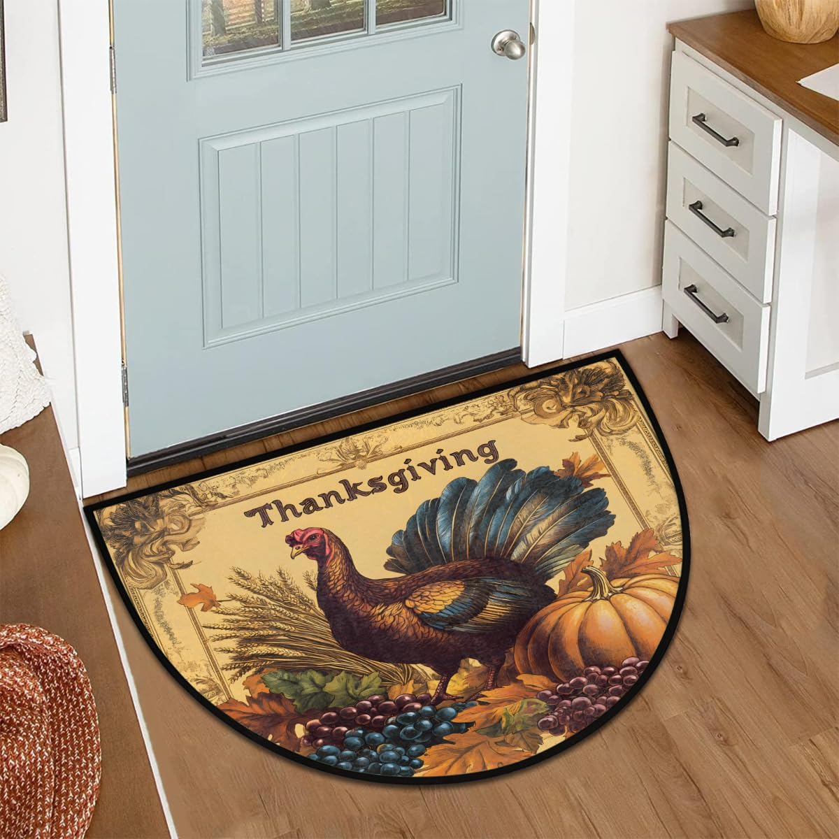 Half Round Door Mat Retro Fall Turkey Non Slip Absorbent Semi Circle Area Rugs Washable Half Moon Floor Mats for Indoor Patio Kitchen Bathroom Entryway Fireplace Home Carpet Decor