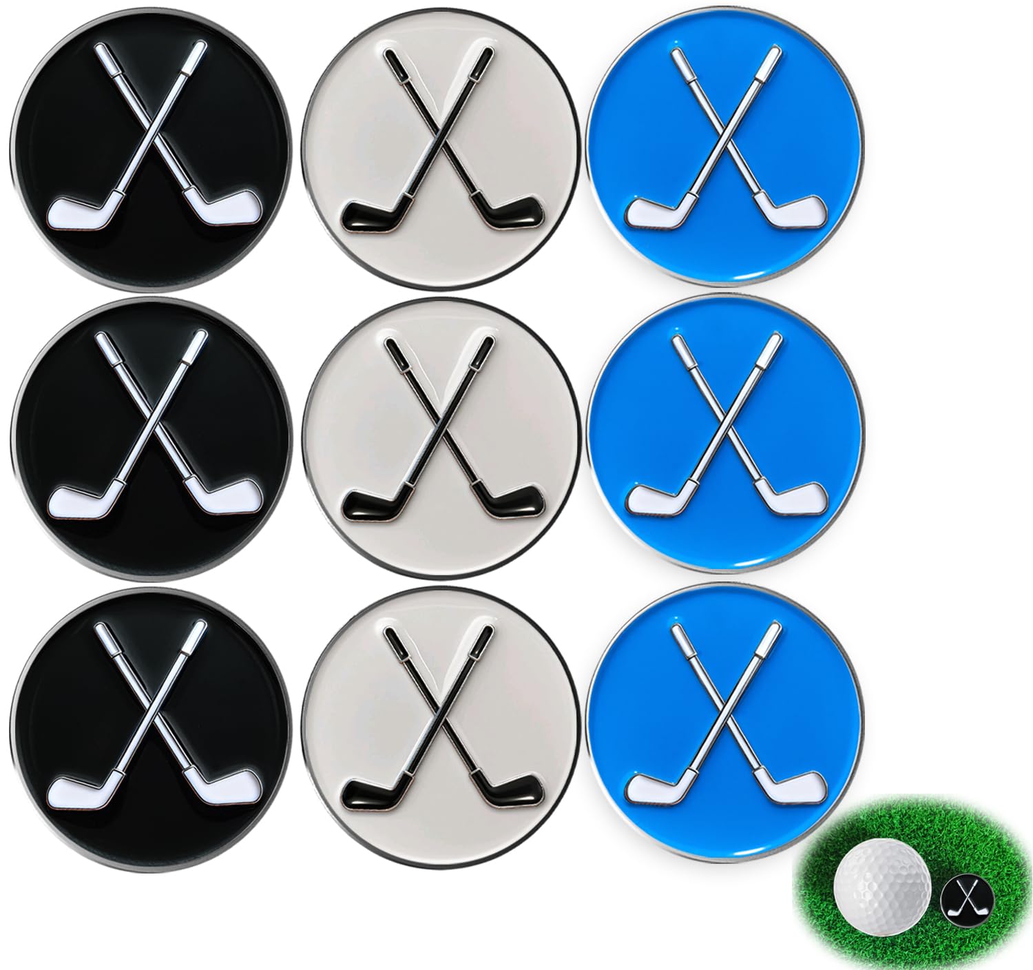 Adhere Golf Ball Markers, Soft Enamel golf ball markers without hat clip,Pack of 9, Multiple Designs A Premium Golf Gifts for Golfer (Z-Golf club 3 colors)