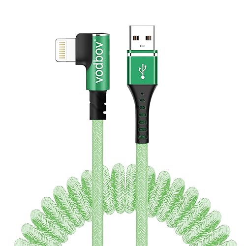 Miniatura 2 de Cable Lightning en espiral, cable USB-A a Lightning de carga rápida, cable de resorte trenzado verde retráctil con conector de ángulo recto,