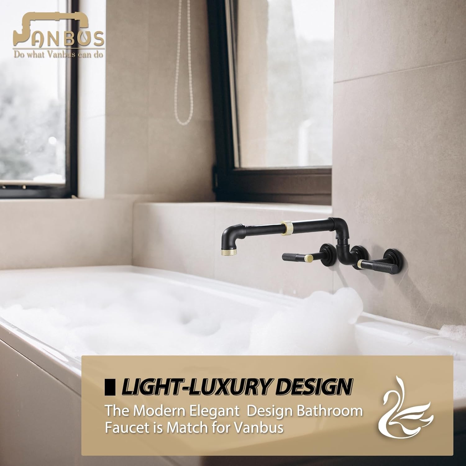 Wall-Mounted Tub Filler Black Gold Bathroom Tub Faucet High Flow with Two Handles Solid Brass, Long Spout Reach, Supported extendable and rotatable