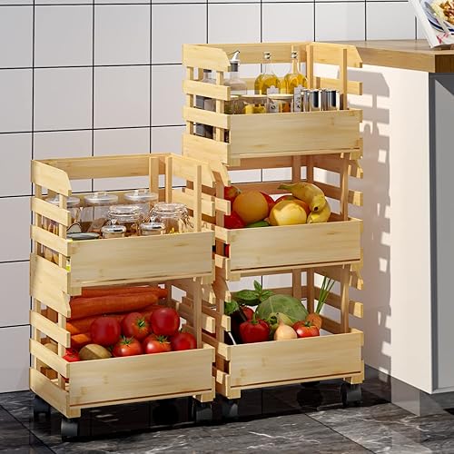 Miniatura 7 de Cesta de frutas para encimera de cocina, cesta de frutas desmontable grande de 3 niveles de bambú para almacenamiento de frutas y verduras,