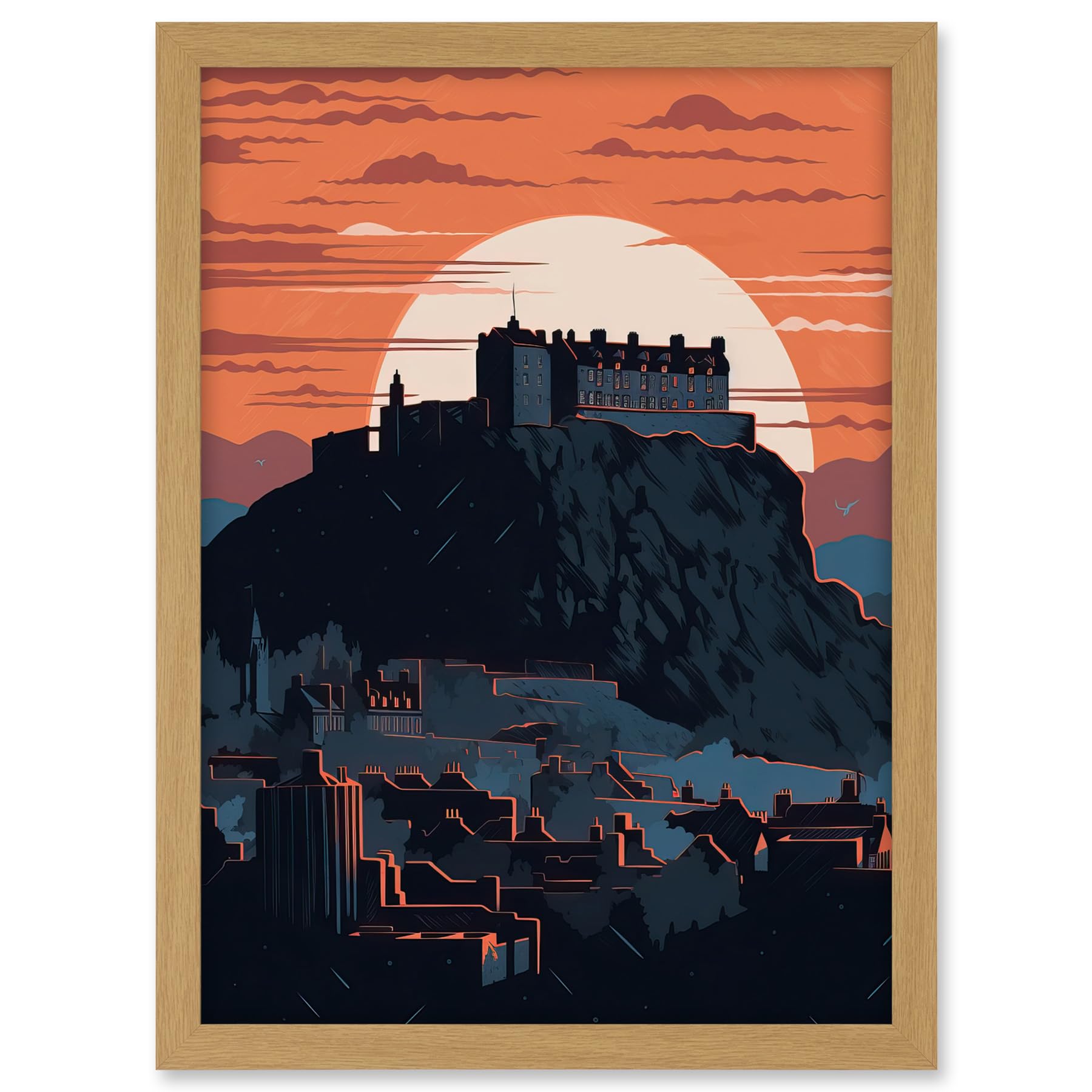 Artery8 Edinburgh Castle and Old Town Atmospheric Sunset Artwork Framed A3 Wall Art Print