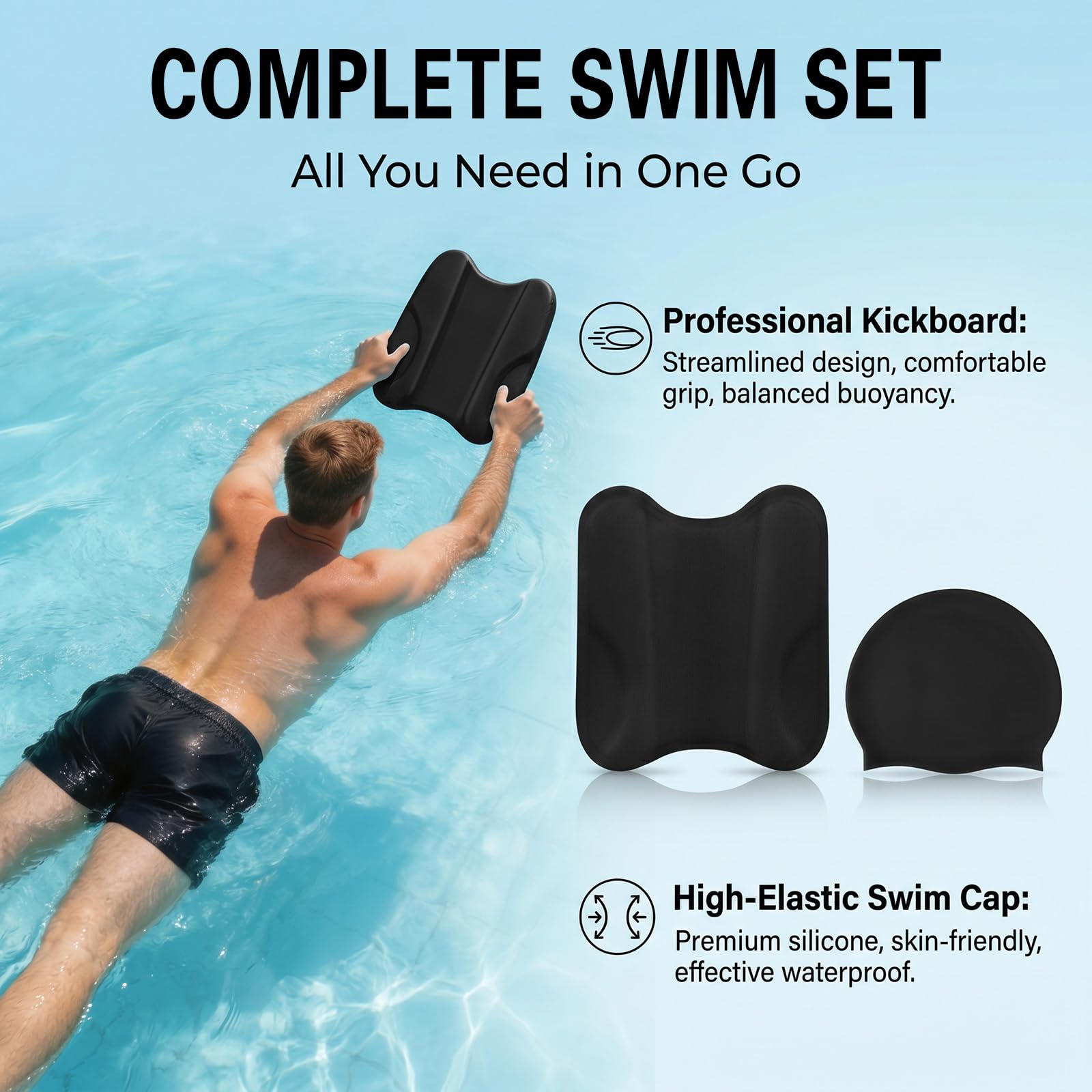 Pull Kick Schwimmbrett, 2-in-1 Pullkick/Schwimmbrett Schwimmhilfe zur Optimierung der Technik und Wasserlage beim Schwimmtraining, Pullbuoy Schwimmen Zubehör für Kinder & Erwachsene, Enthält Badekappe