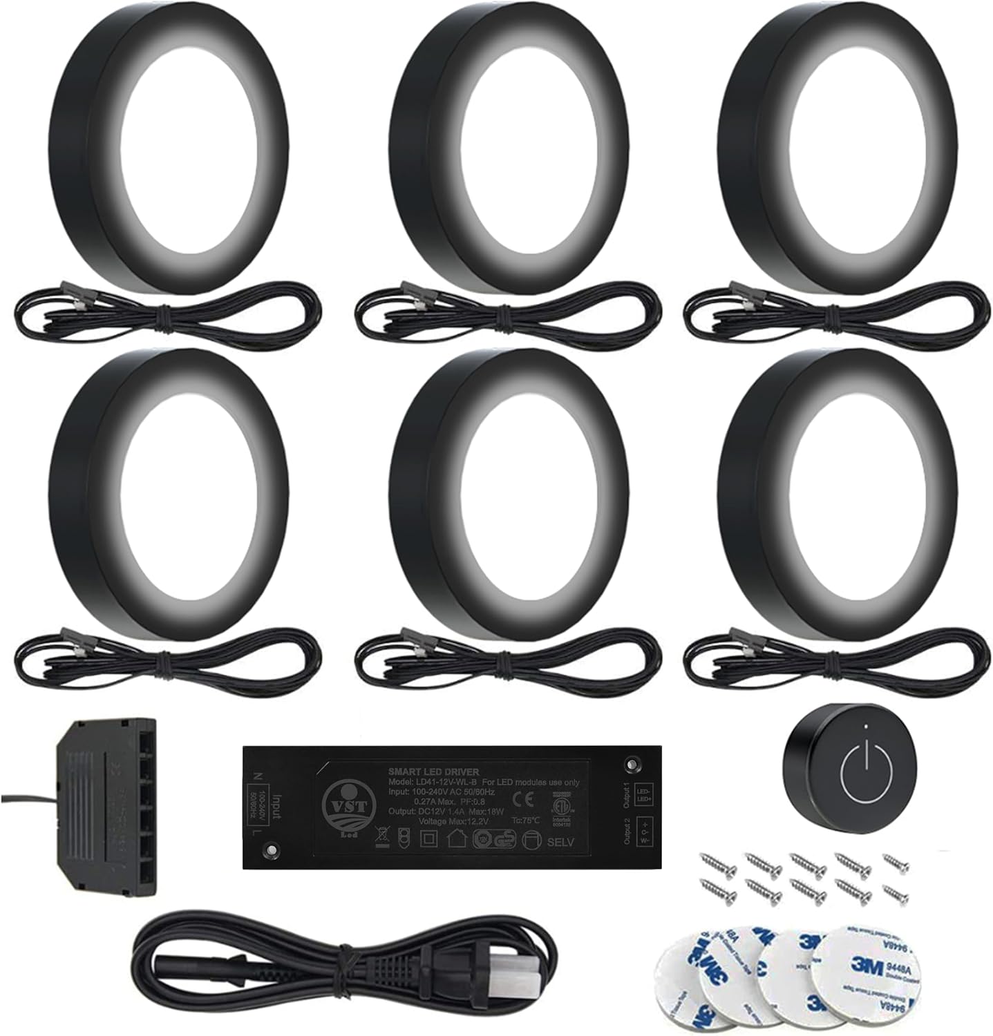 VST Under Cabinet Lighting 12V 2W(12W Total, 60W Equivalent) with Wireless Dimmer Switch, Recessed or Surface Mount Wired Puck Light for Kitchen,Wardrobe, Showcase Display 6 Pack Black 4000K...
