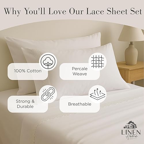 Miniatura 9 de Linen Home - Juego de sábanas de percal 100% algodón, transpirable, resistente, 4 piezas, 1 sábana encimera, 1 sábana bajera con bolsillos profundos