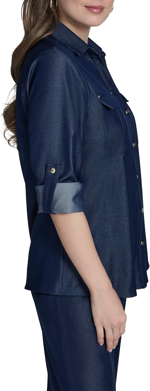 Halston Womens Roll-tab Sleeve Denim-Like Collared Top - Image 3