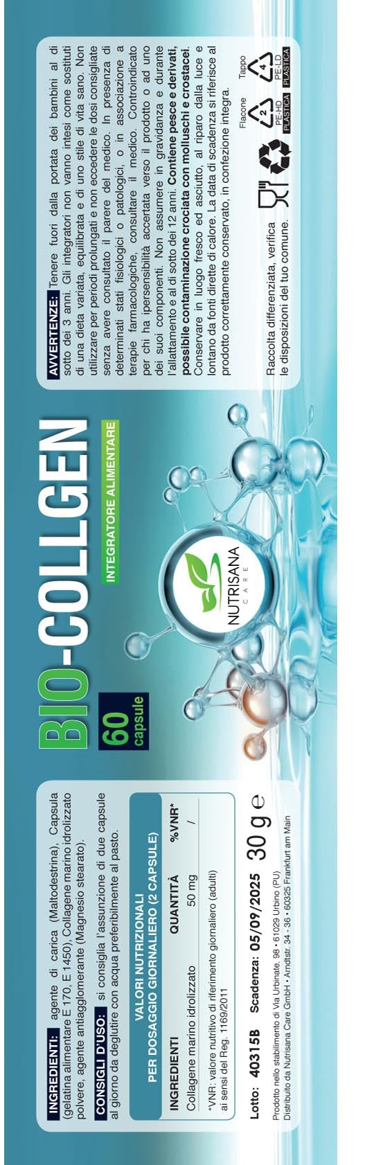 NUTRISANA | Capsules Bio Collgen - 60 gélules, collagène marin hydrolysé, traitement rajeunissant de la peau, apaisant, régénère les tissus/muscles/articulations