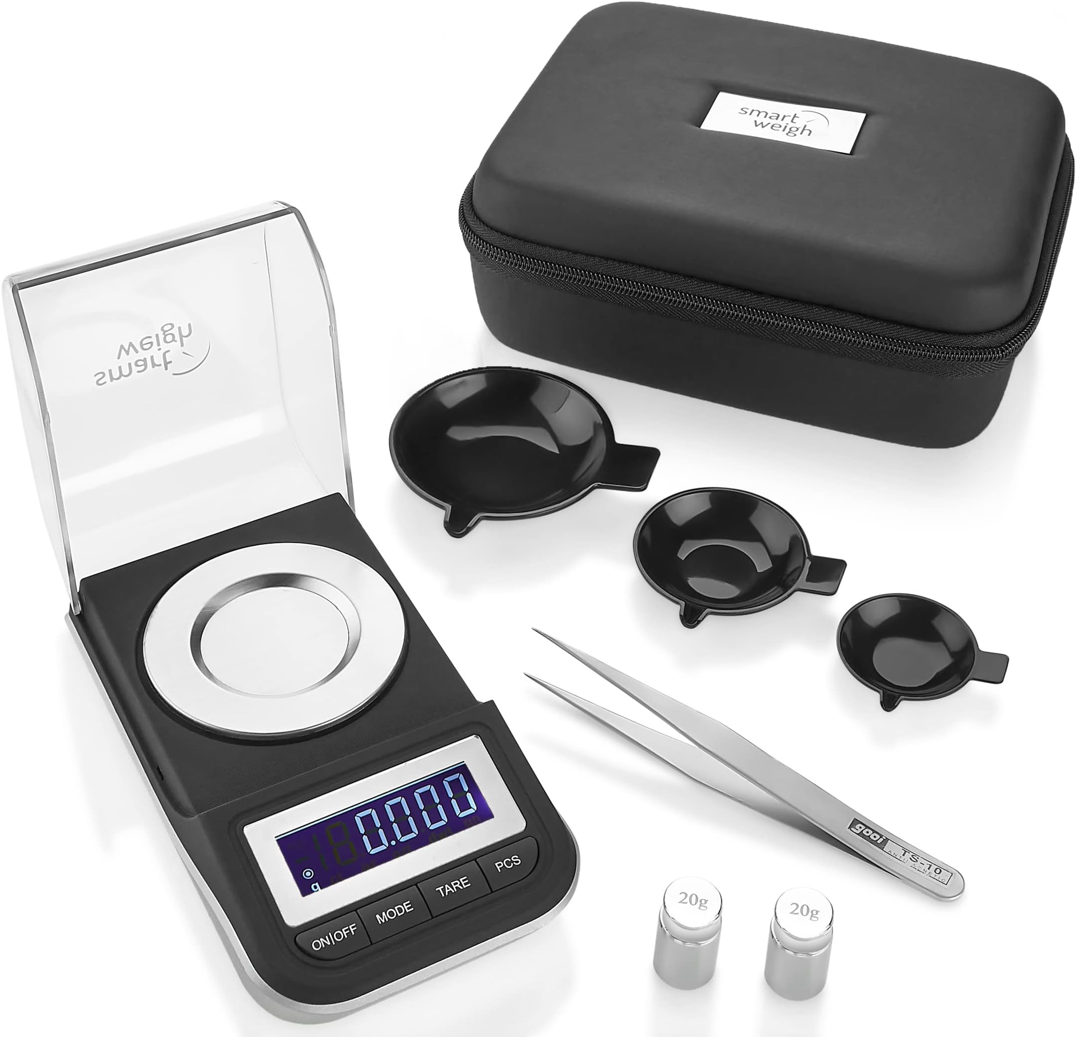 Smart Weigh High Precision Digital Milligram Scale, with Case, Tweezers, Calibration Weights, Reloading, 50 x 0.001g