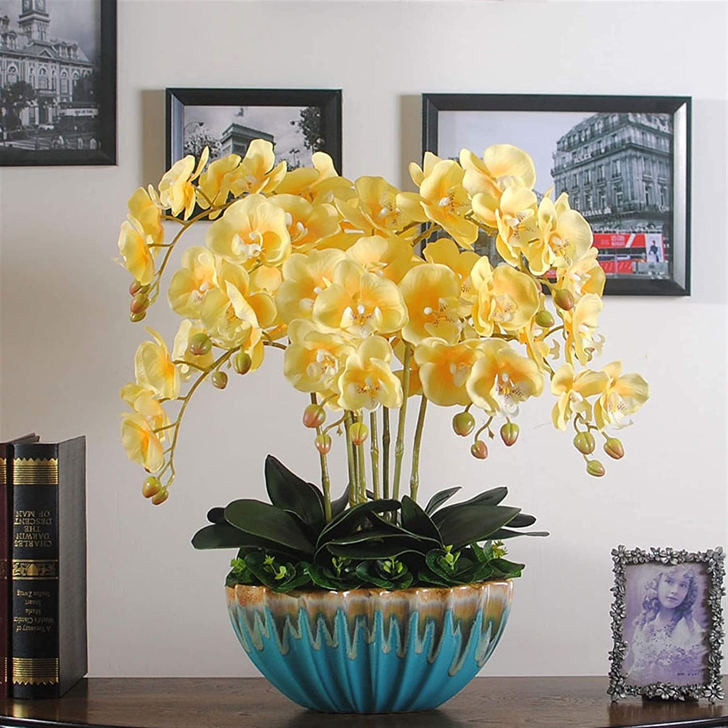 XDLEDMKIZ Orchid Artificial Flowers Polyurethane Faux Orchids Potted Ceramic Planter Artificial Flower Large Artificial Phalaenopsis Flowers Plant Arrangement natural loo