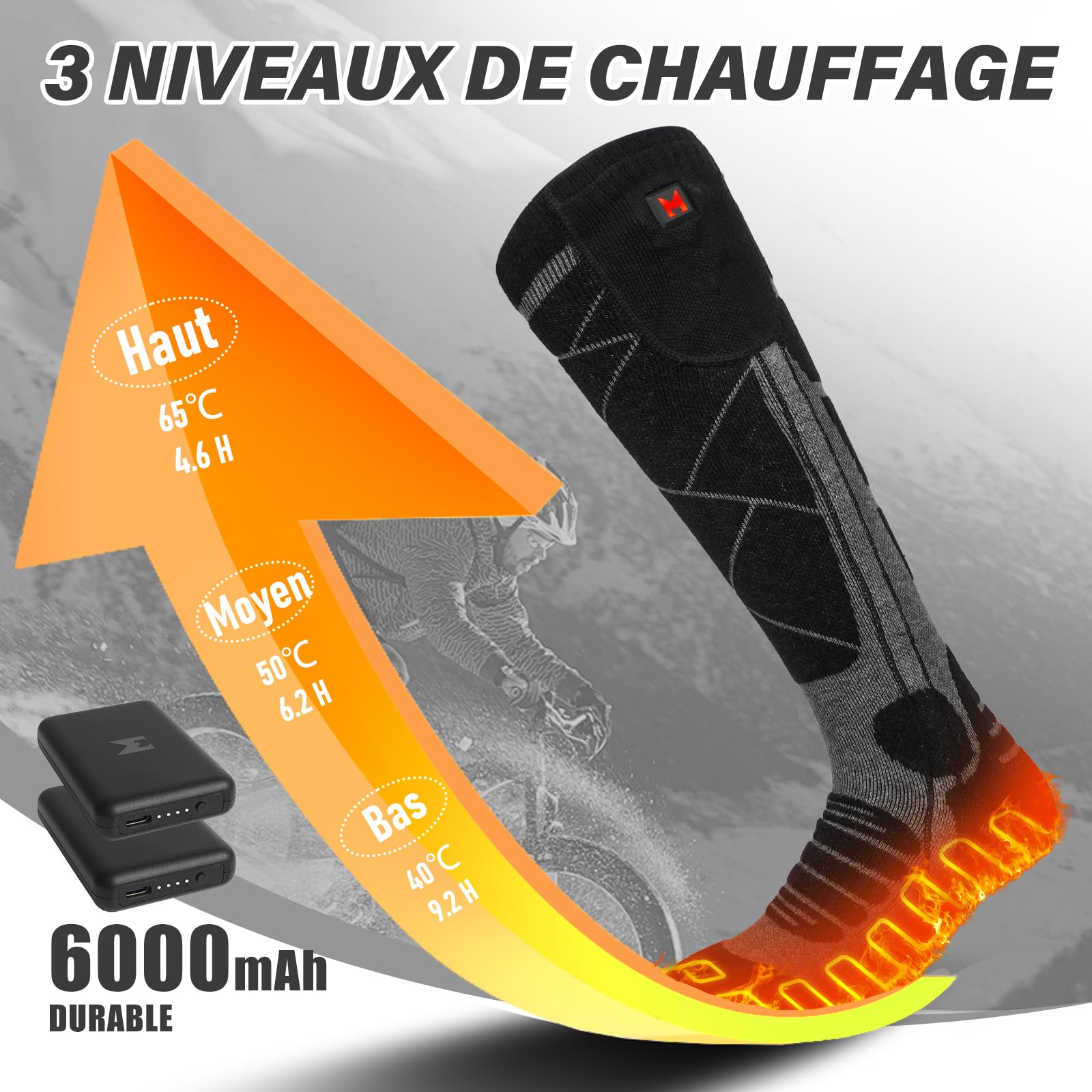 Chaussettes Chauffantes, 6000mAh Chaussette Chauffante USB Rechargeable Électrique pour Hommes Femmes, 3 Niveaux Chauffage Chaussettes d'hiver pour Sports - Ski Cyclisme Moto