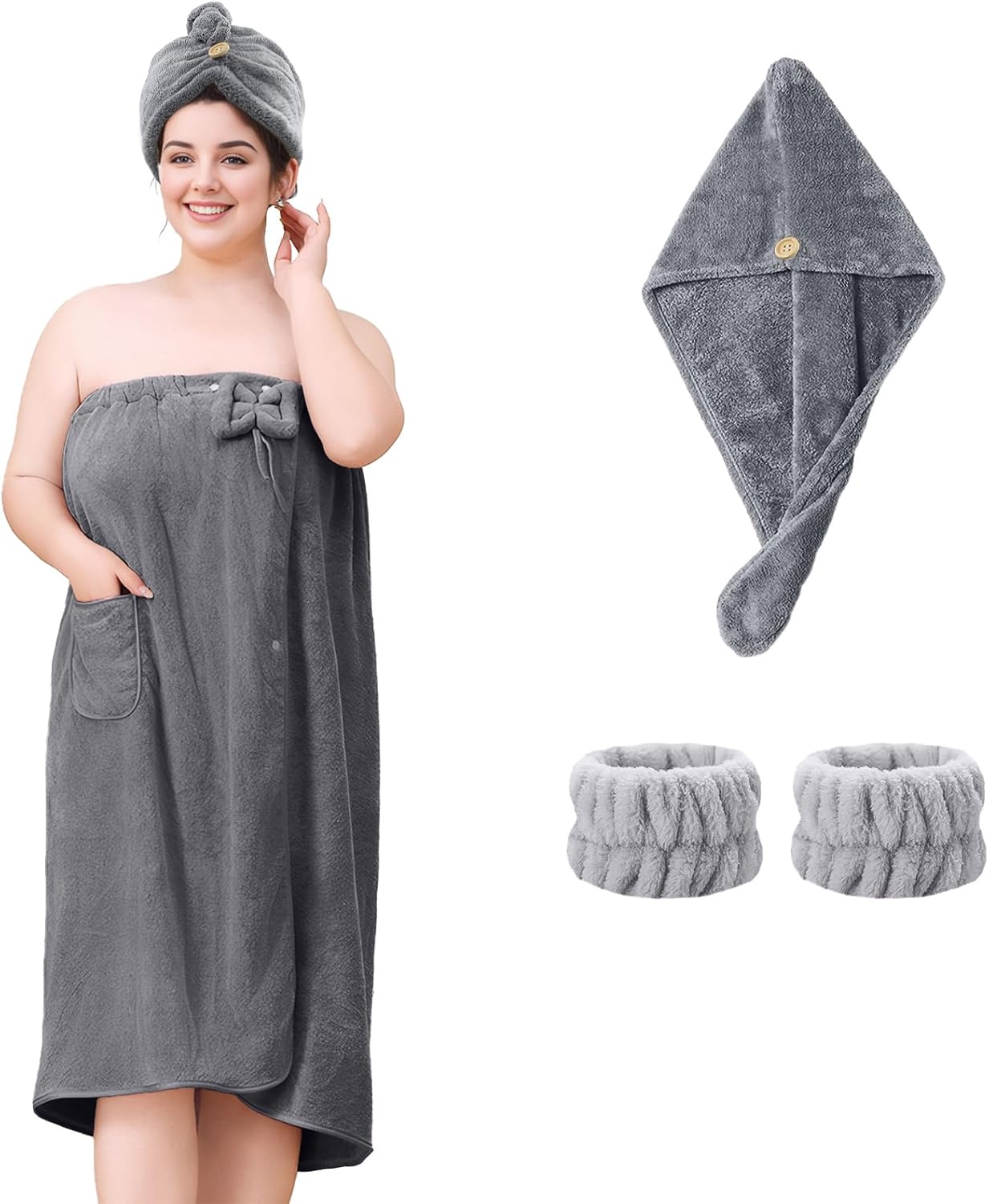 Defresit Towel Wrap for Women Plus Size-Wearable Shower Towel Wrap with Hair Towel Wristbands Closure Elastic Top Soft Adjustable Microfiber Dress Towel Spa Wraps for Women's Bathrobe（Grey）
